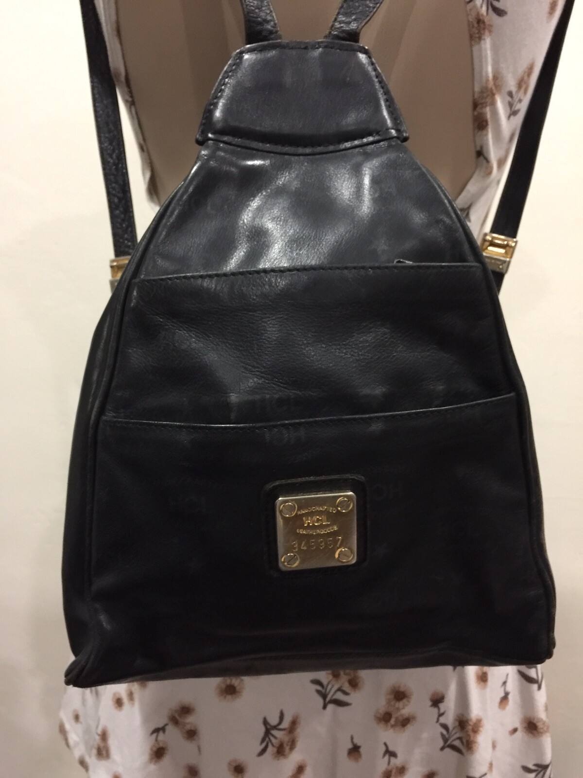 VTG❤️ Rare HCL Germany Triangle Backpack Made In Spain Black Leather EUC!