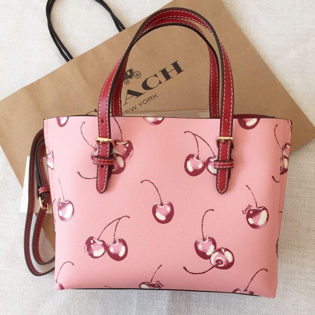COACH CR293 Mollie Tote 25 2way Shoulder Bag Canvas Leather Cherry Pink Outlet