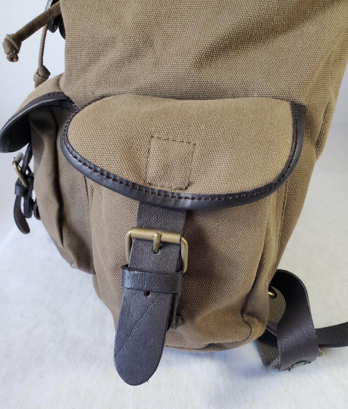 GAP Canvas Military Backpack Leather Straps Snap Pockets Drawstring/ Zipper READ