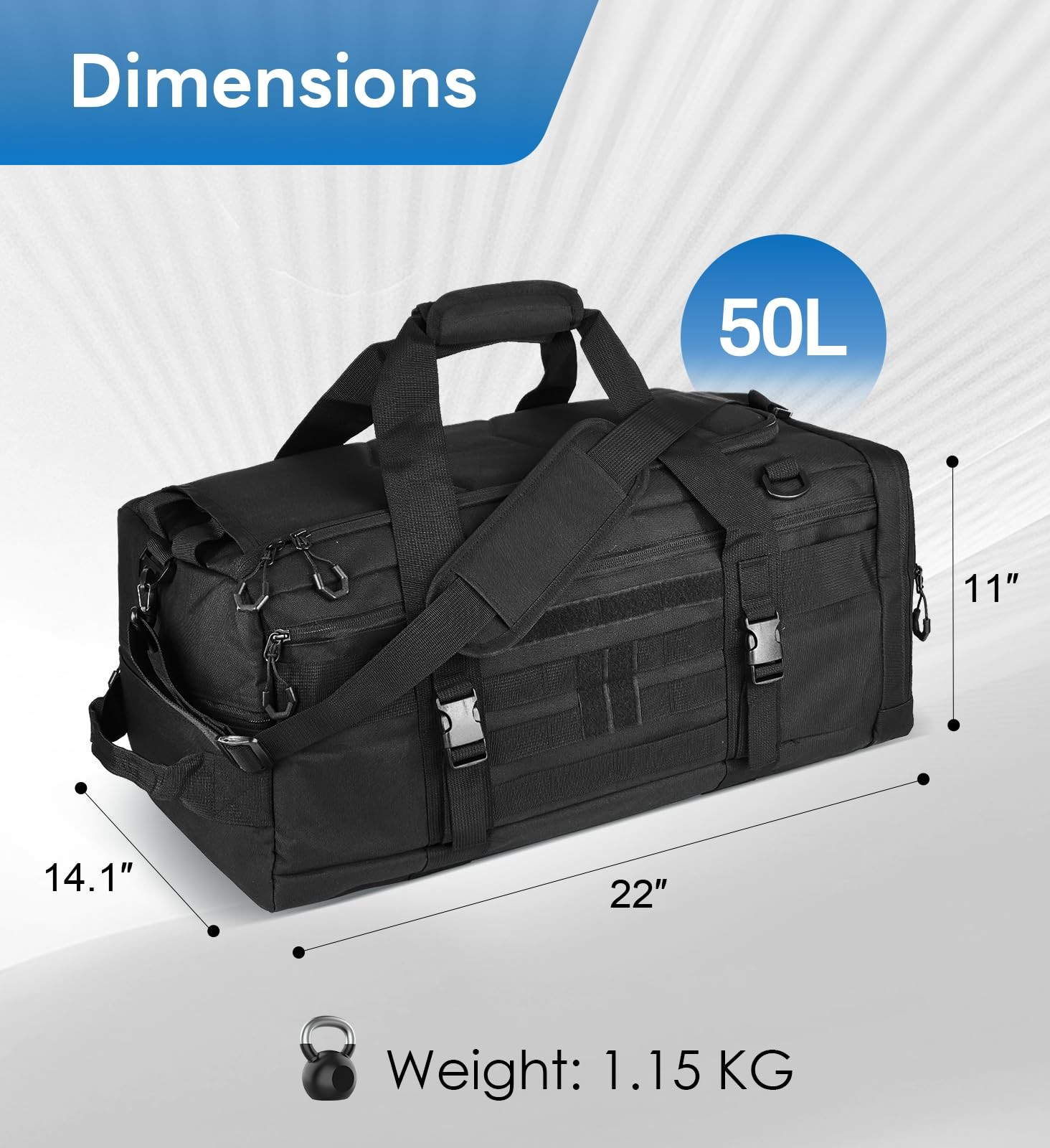 50L Large Duffle Bag Black – 3-in-1 Tactical Backpack MOLLE Pack