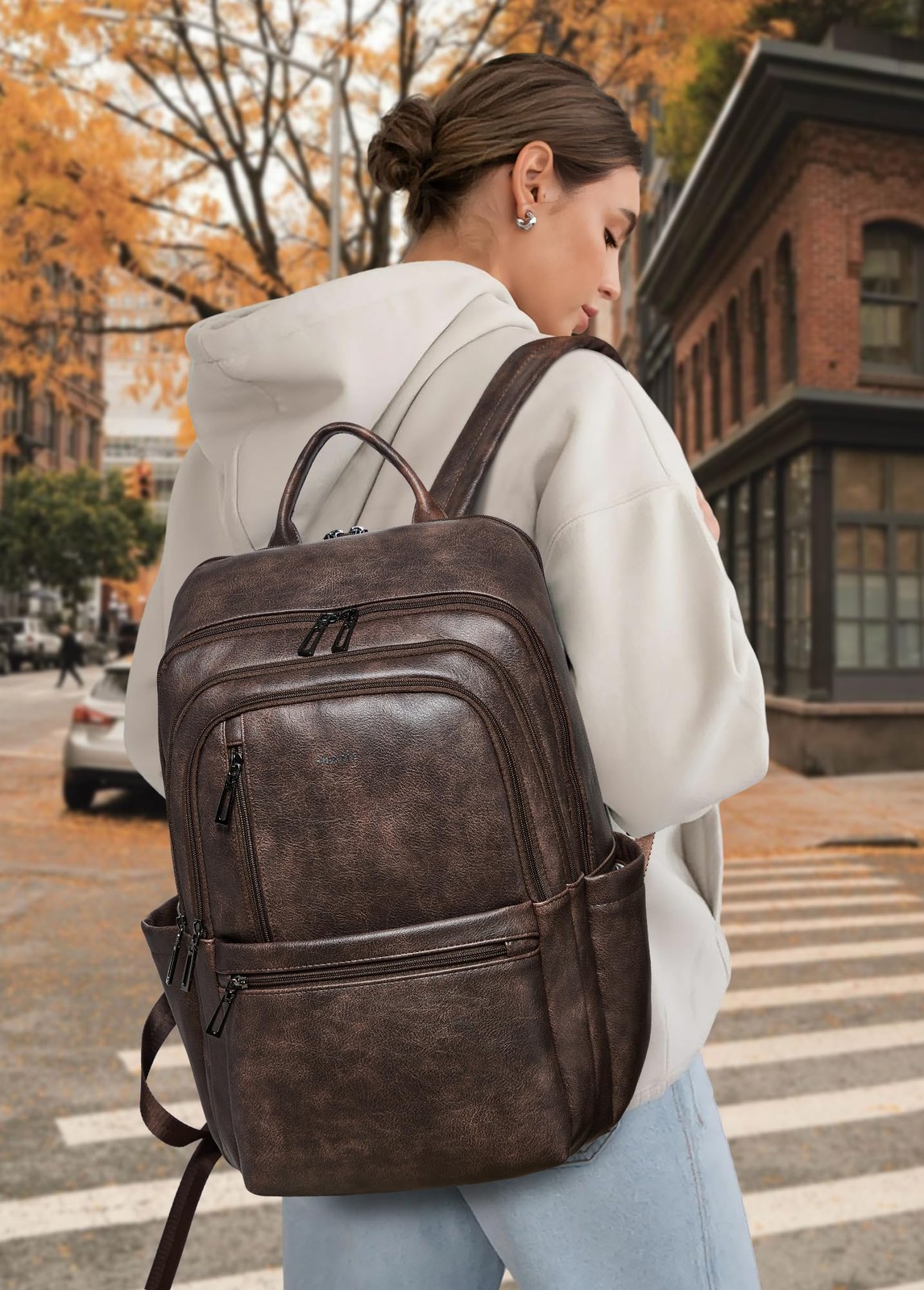Leather 17 inch Laptop Backpack for Women, Large Travel Backpack Purse for Ca