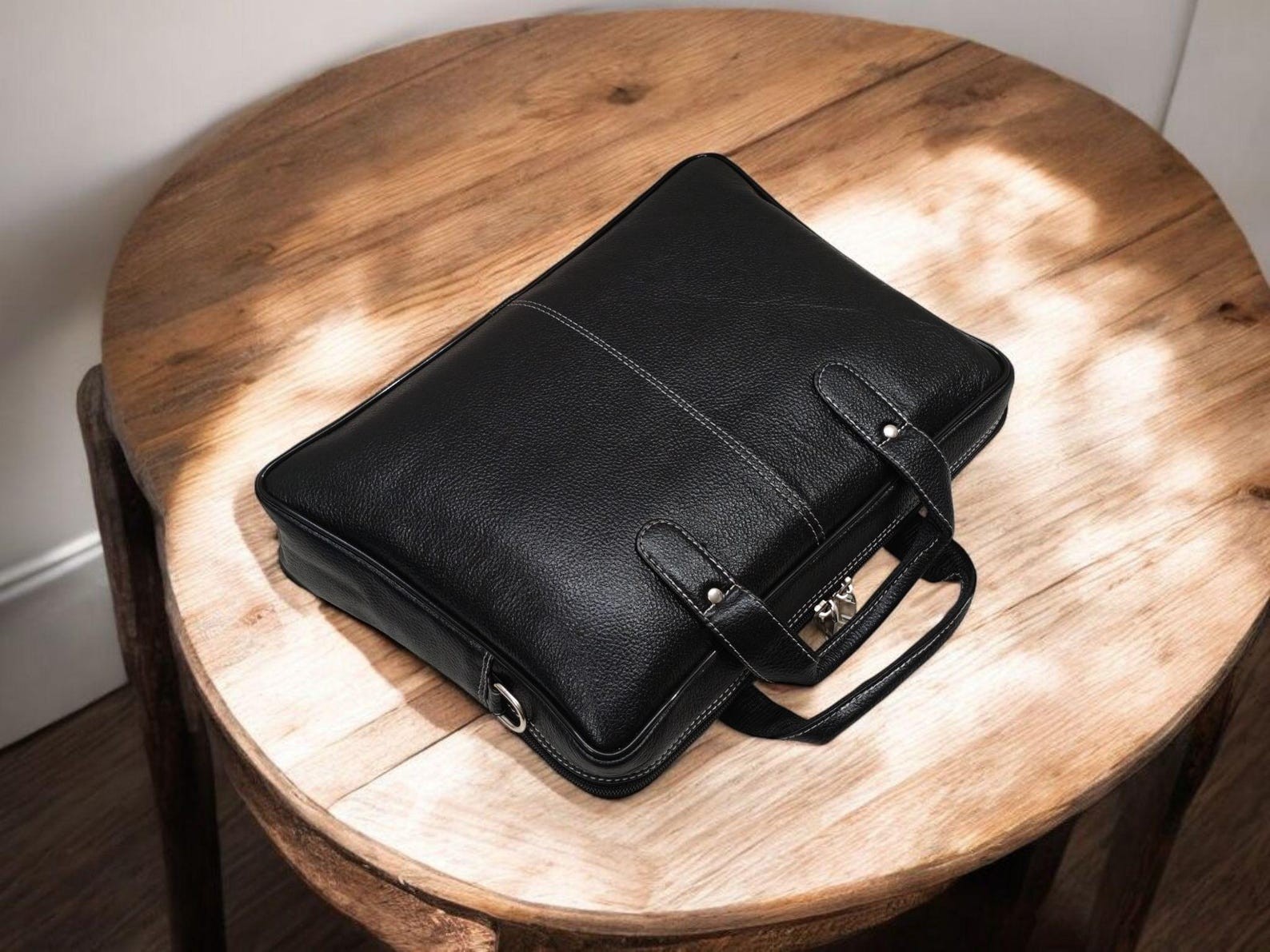 Men’s Handmade Leather Laptop Case, Top Grain Black Office Briefcase