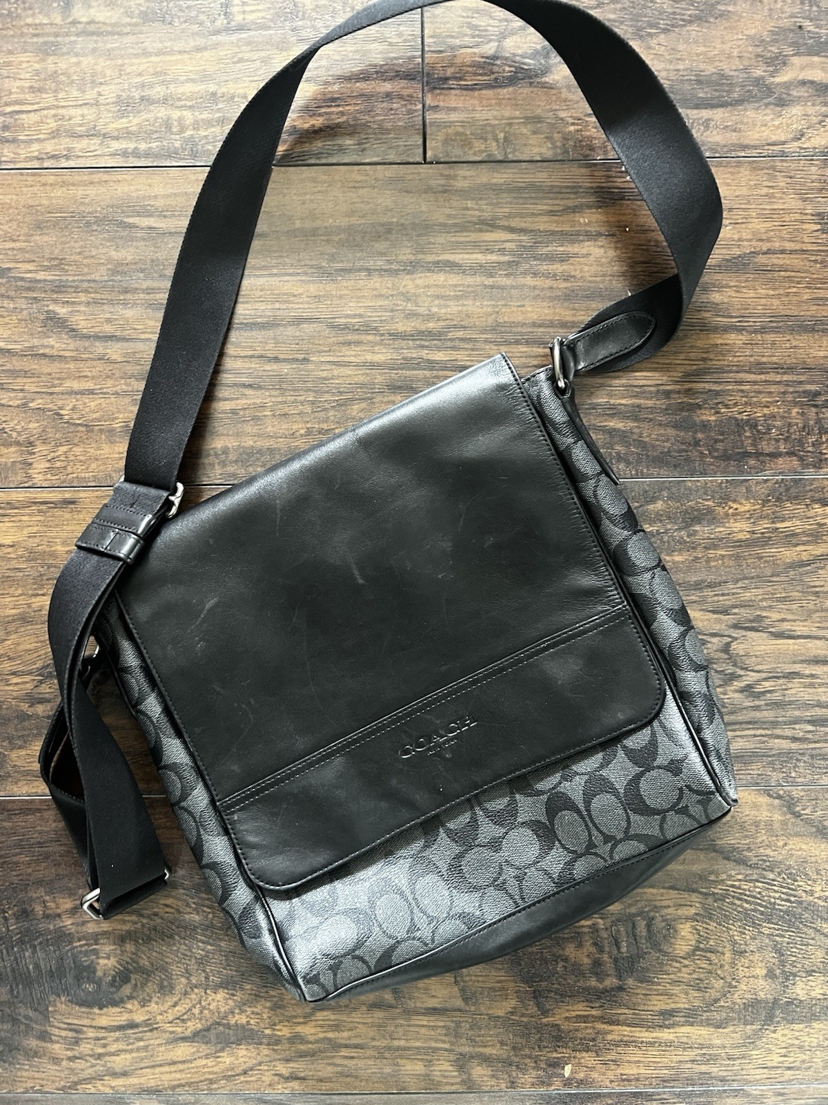 Coach Houston Map Bag Signature Canvas Mens Charcoal Black Messenger Bag