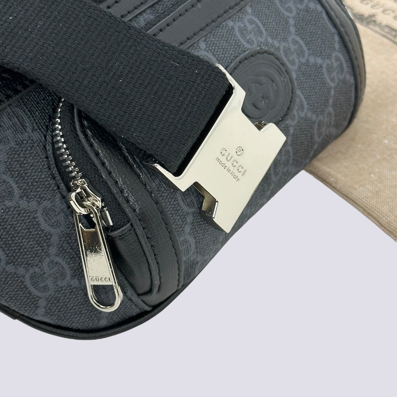 Gucci GG Monogram Logo Interlocking G Canvas Crossbody Belt Bag Black 682933