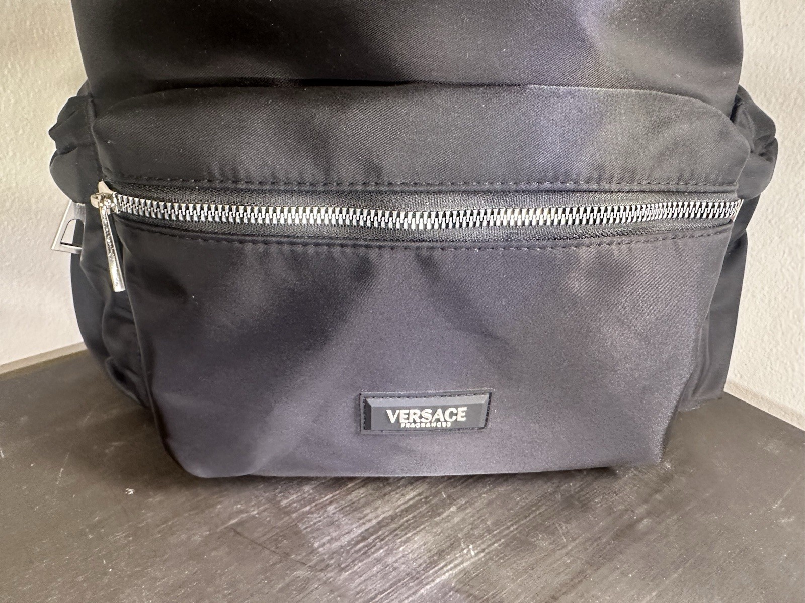 VERSACE FRAGRANCES Black Drawstring Backpack Gym Travel Bag Zip Pockets