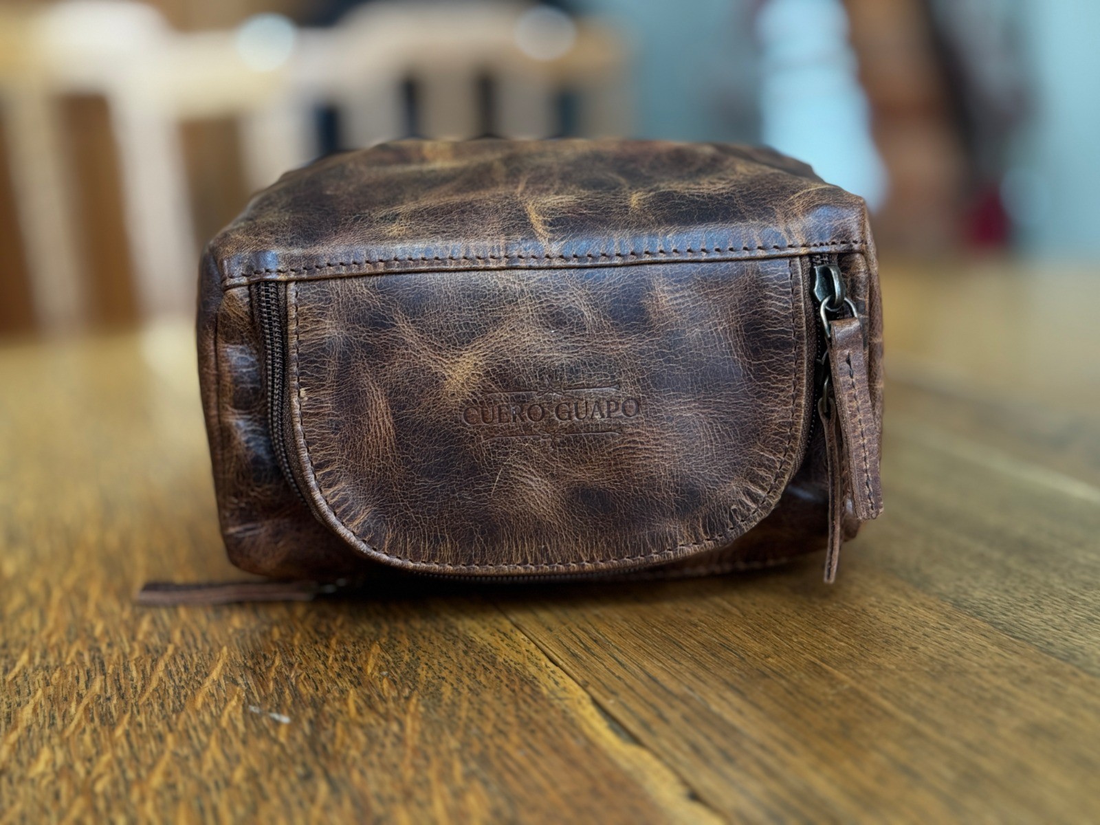 Full Grain Distressed Leather Kit Shaving Toiletry Travel Bag Dark Brown