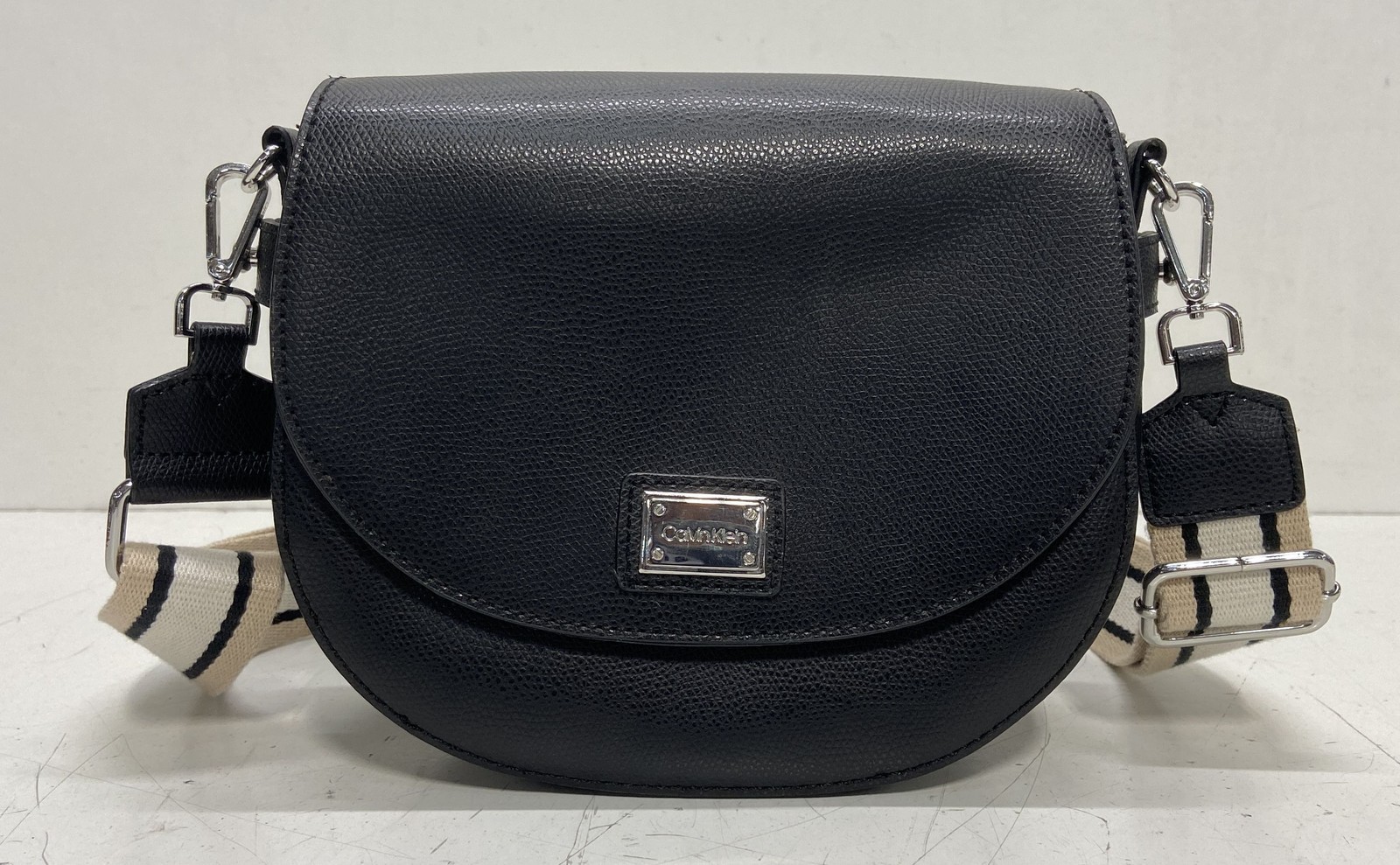 Calvin Klein Black Pebbled Crossbody Bag Striped Webbing Strap Silver Hardware