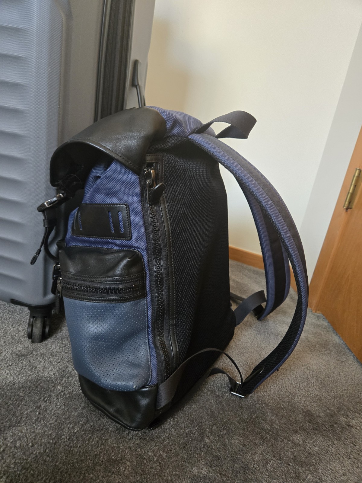Coach Terrain Trek Backpack Perforated Leather Nylon Navy Black F24677