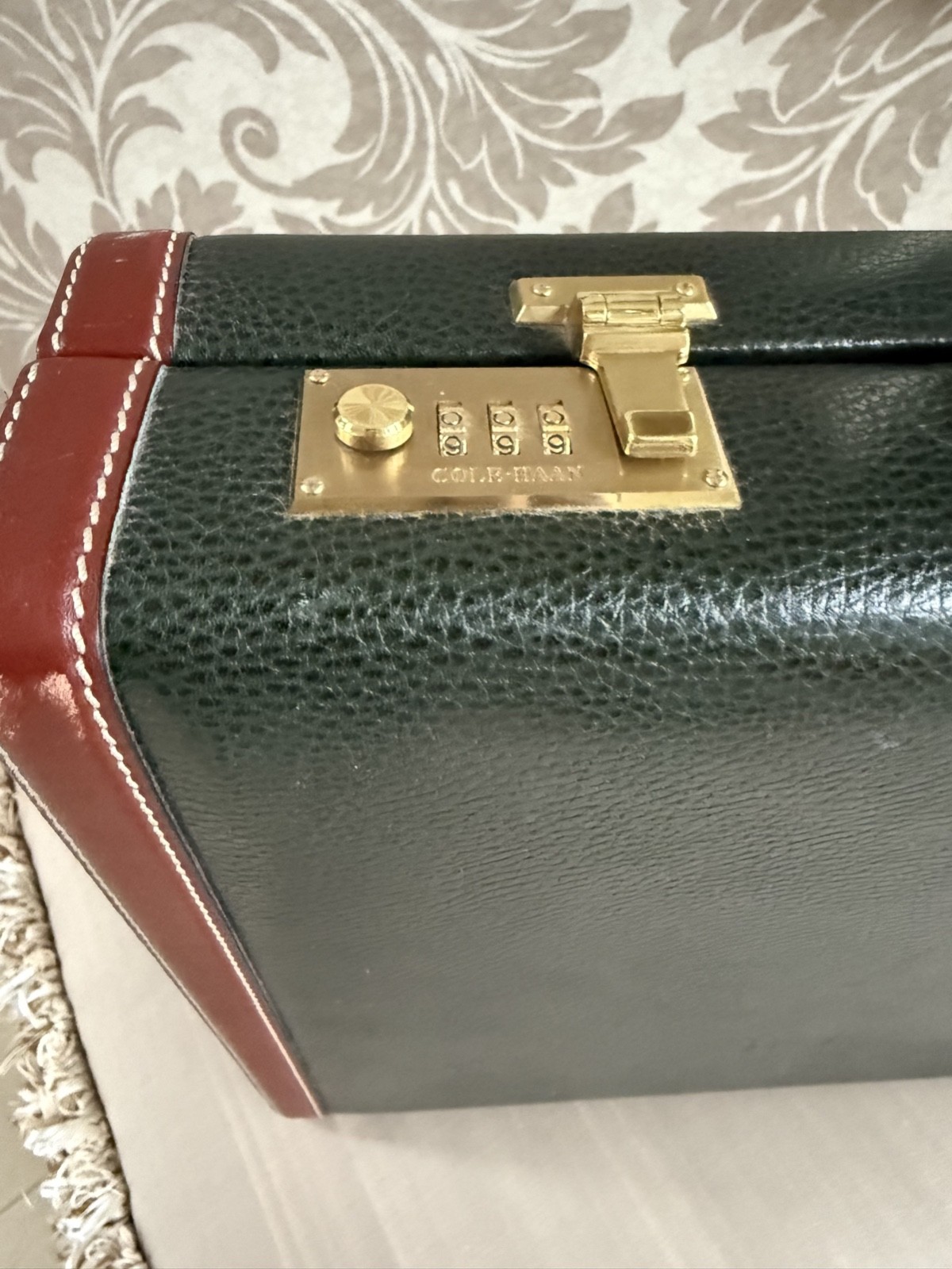 Cole Haan Leather Attache Hard Briefcase Hunter Green & Saddle Trim