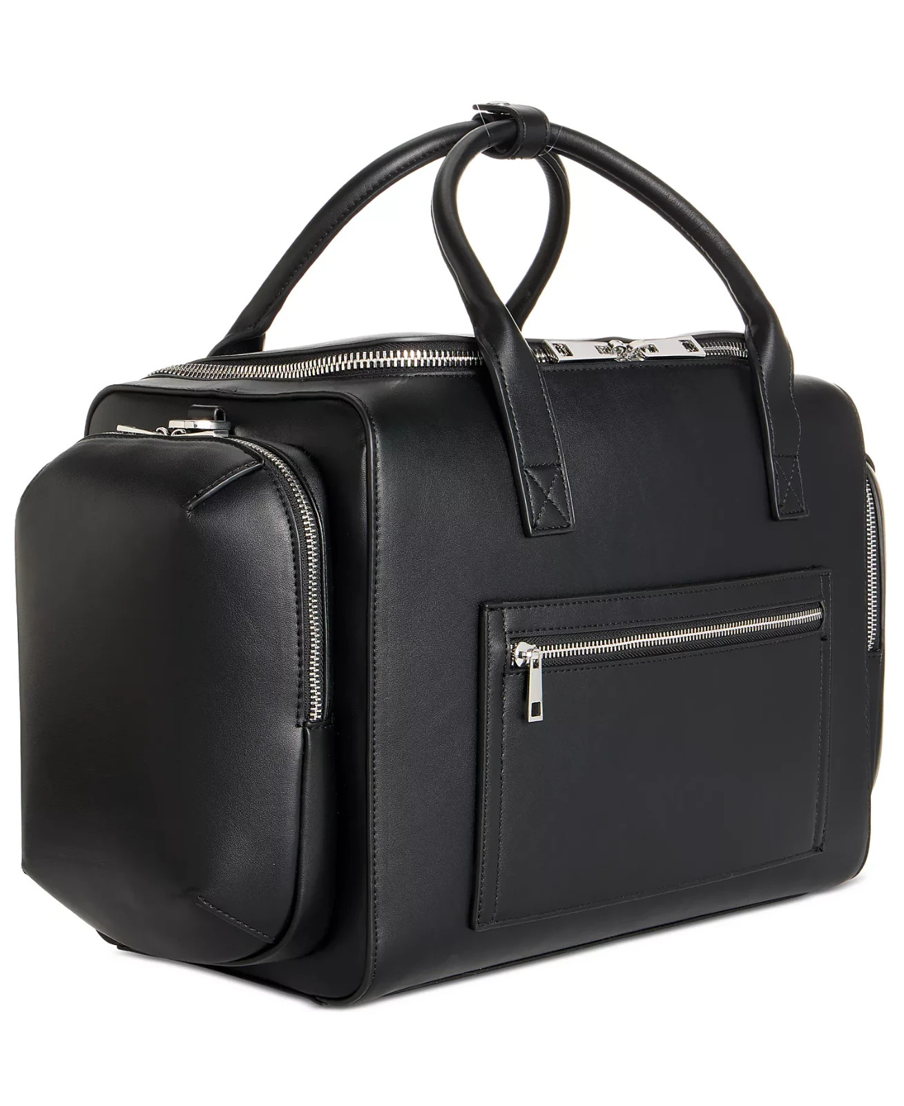 Alfani Mens Black Faux Leather Duffle Bag Travel Weekender Carry-On Gym Bag