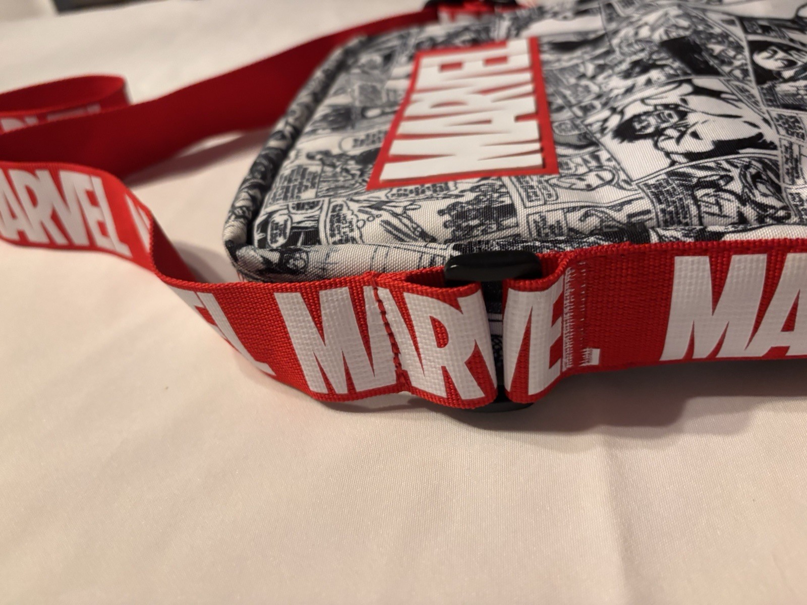 Marvel Comic Print Small Crossbody Bag Zip Closure, Adjustable Red Strap