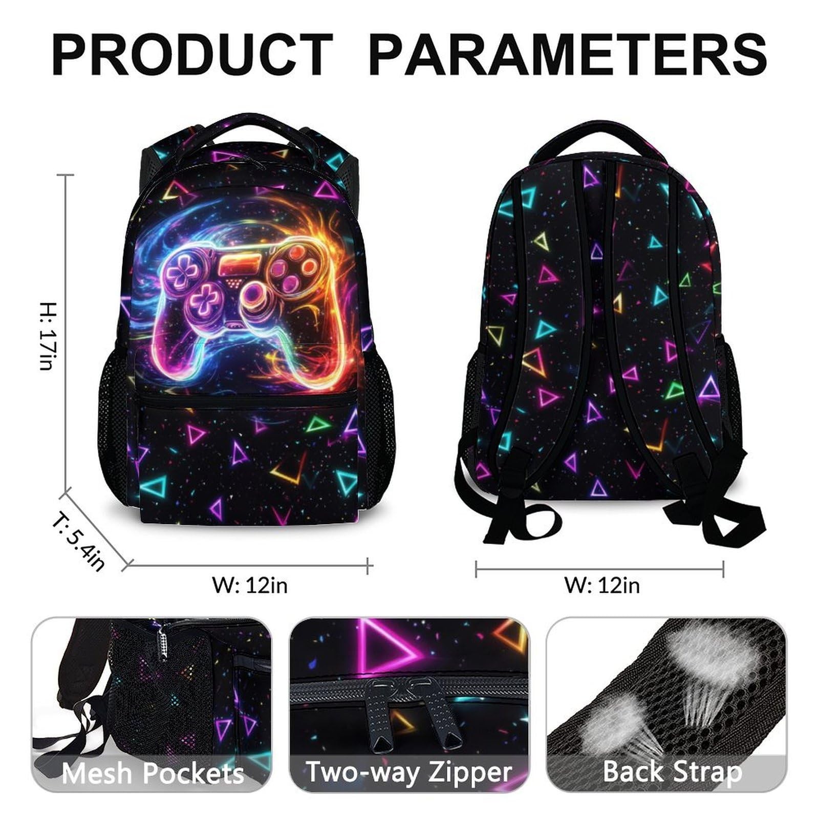 Colorful Boys Backpack, 17″ Game Schoolbag for School, Hiking, and Picnics