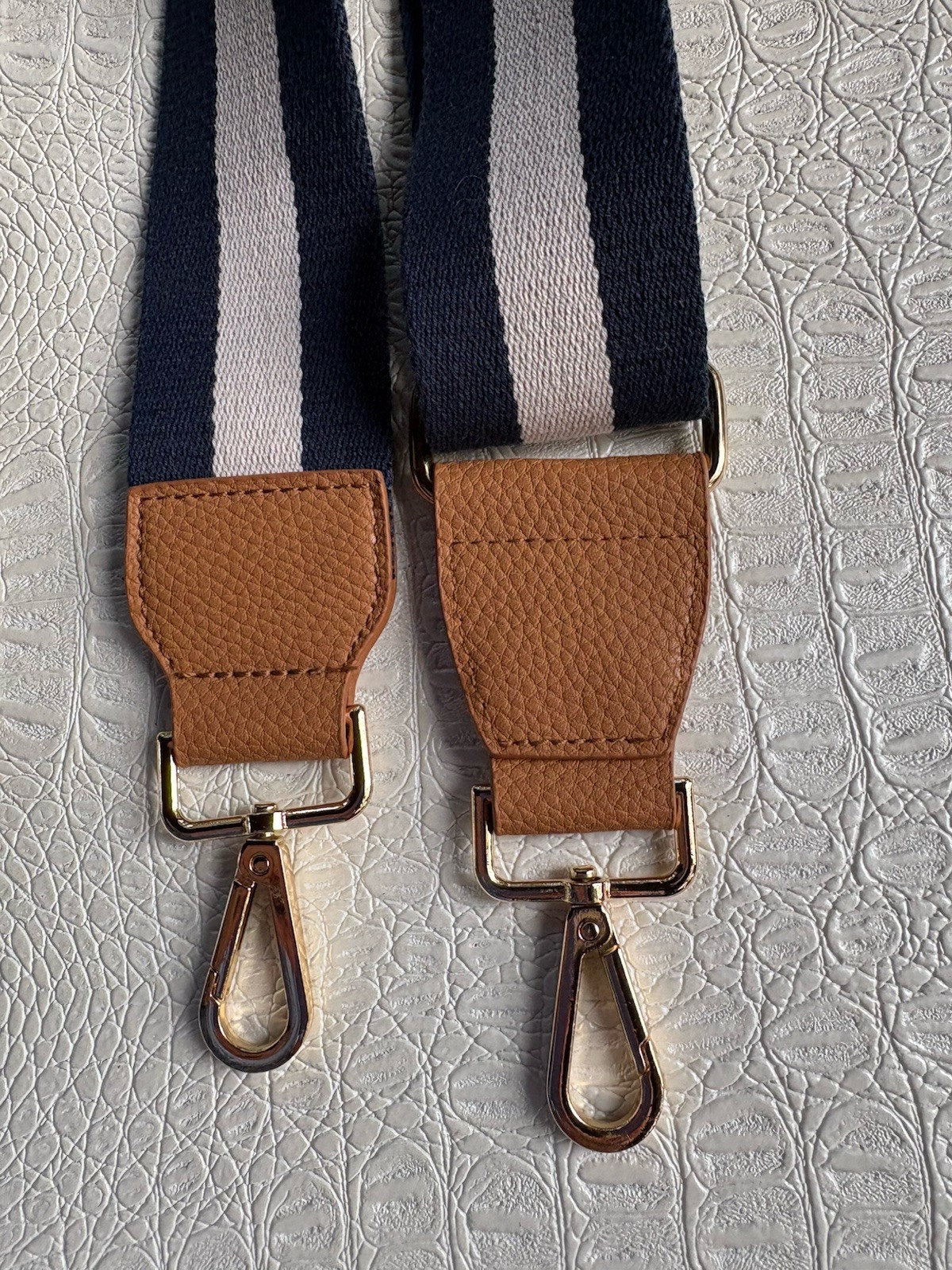 Canvas Replacement Bag Strap Navy Blue Cream Stripe Polished Goldtone 30” Adjust