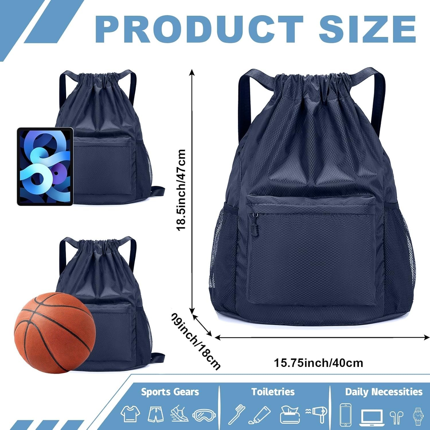 Drawstring Backpack Bag, Waterproof Draw String Back Sack with Zip Pocket