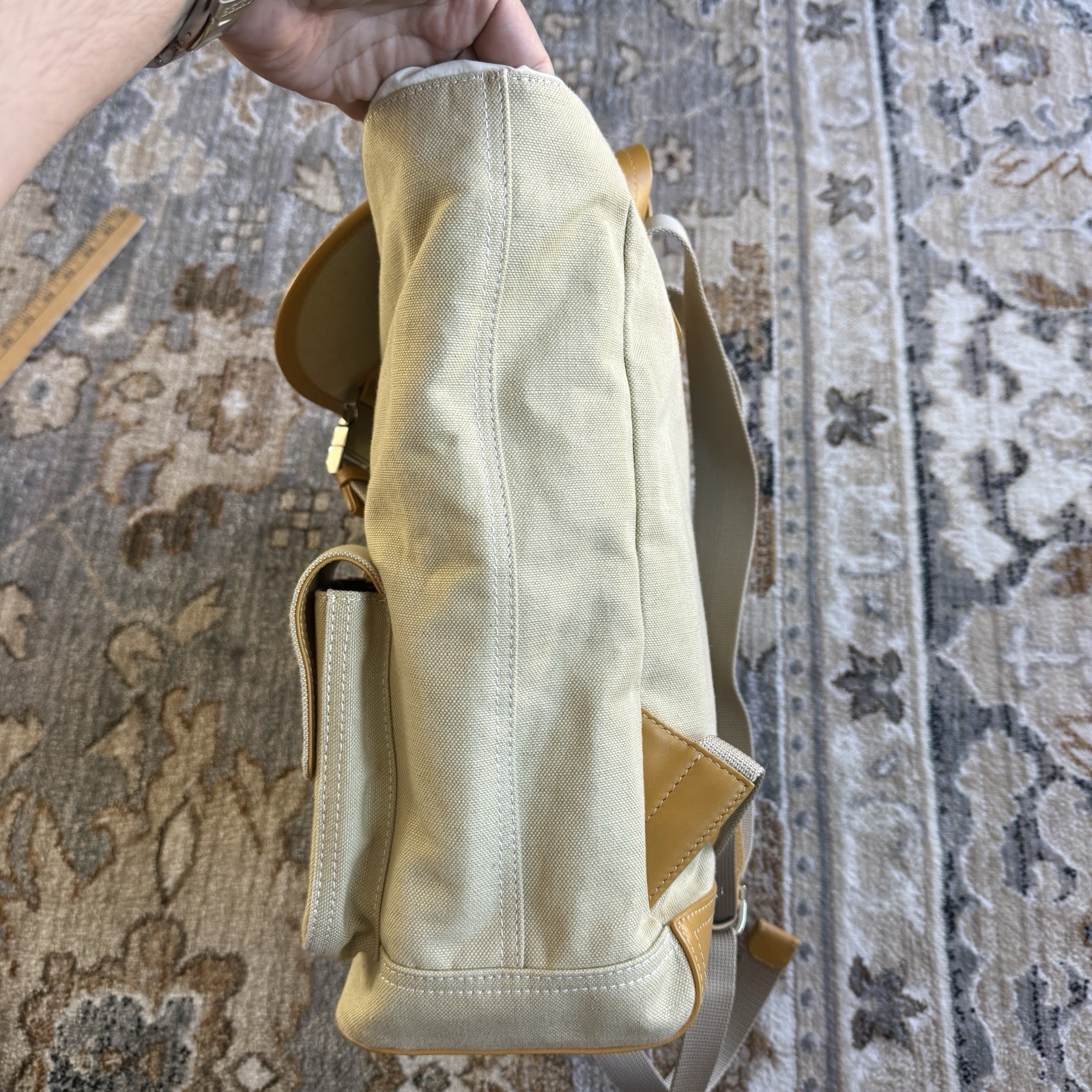 Paul Smith Canvas Backpack In Sand Beige Cotton Linen Blend Leather Trim $675