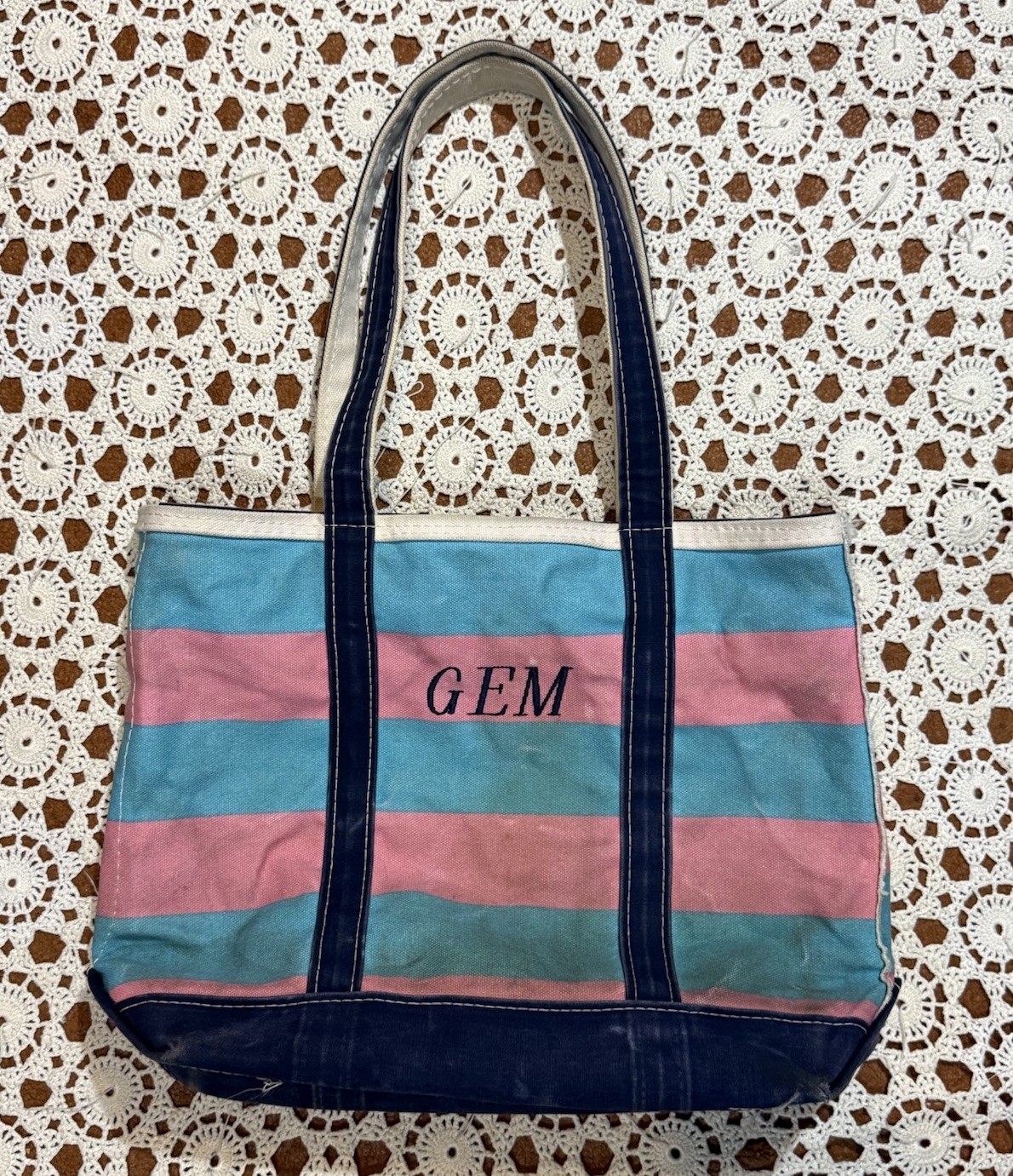 VTG 80s LL Bean Boat & Tote Bag USA Canvas Blue Pink Embroidered Gem Distressed