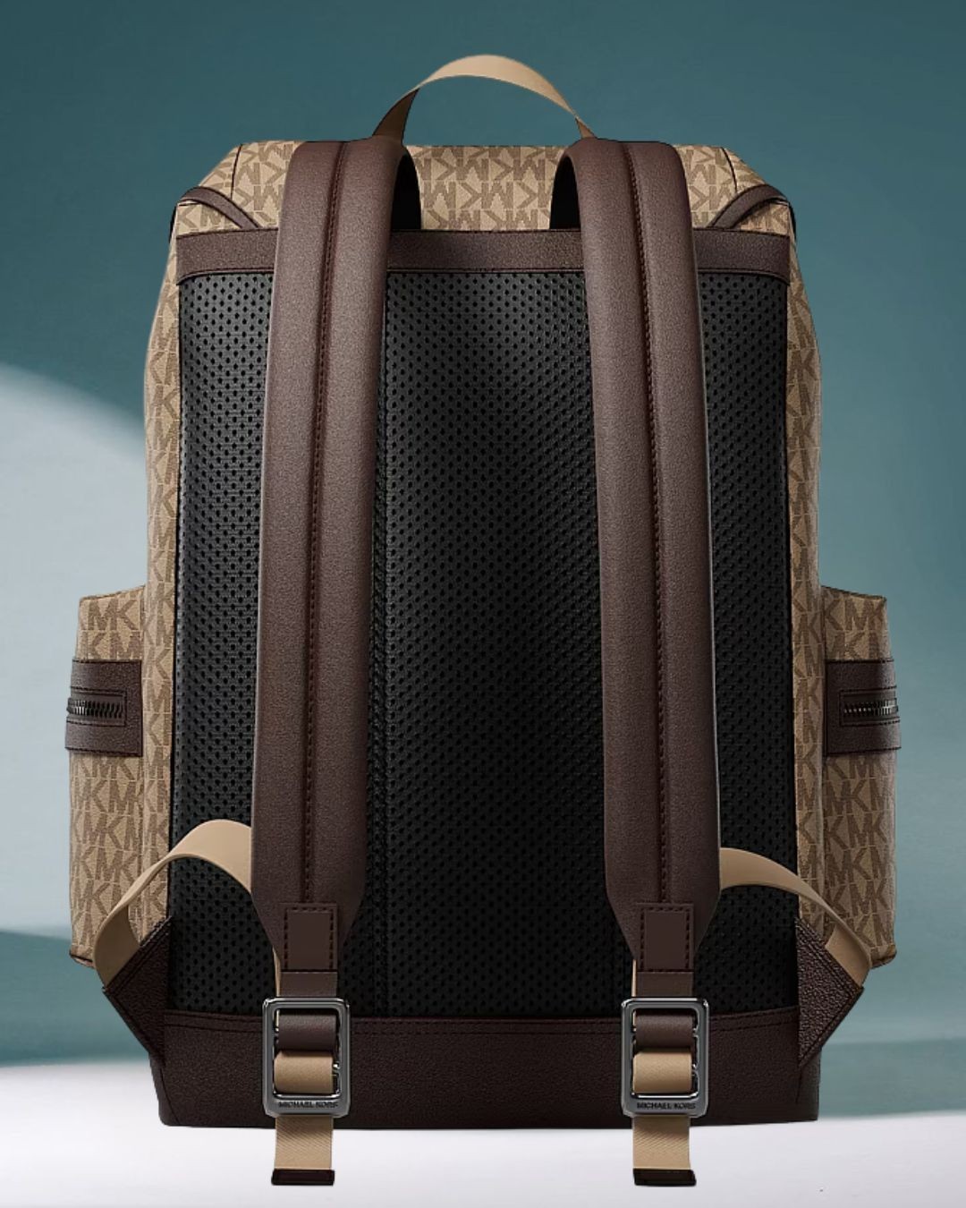 Michael Kors Cooper Men MK Logo Print Canvas Travel School Pocket Backpack Camel