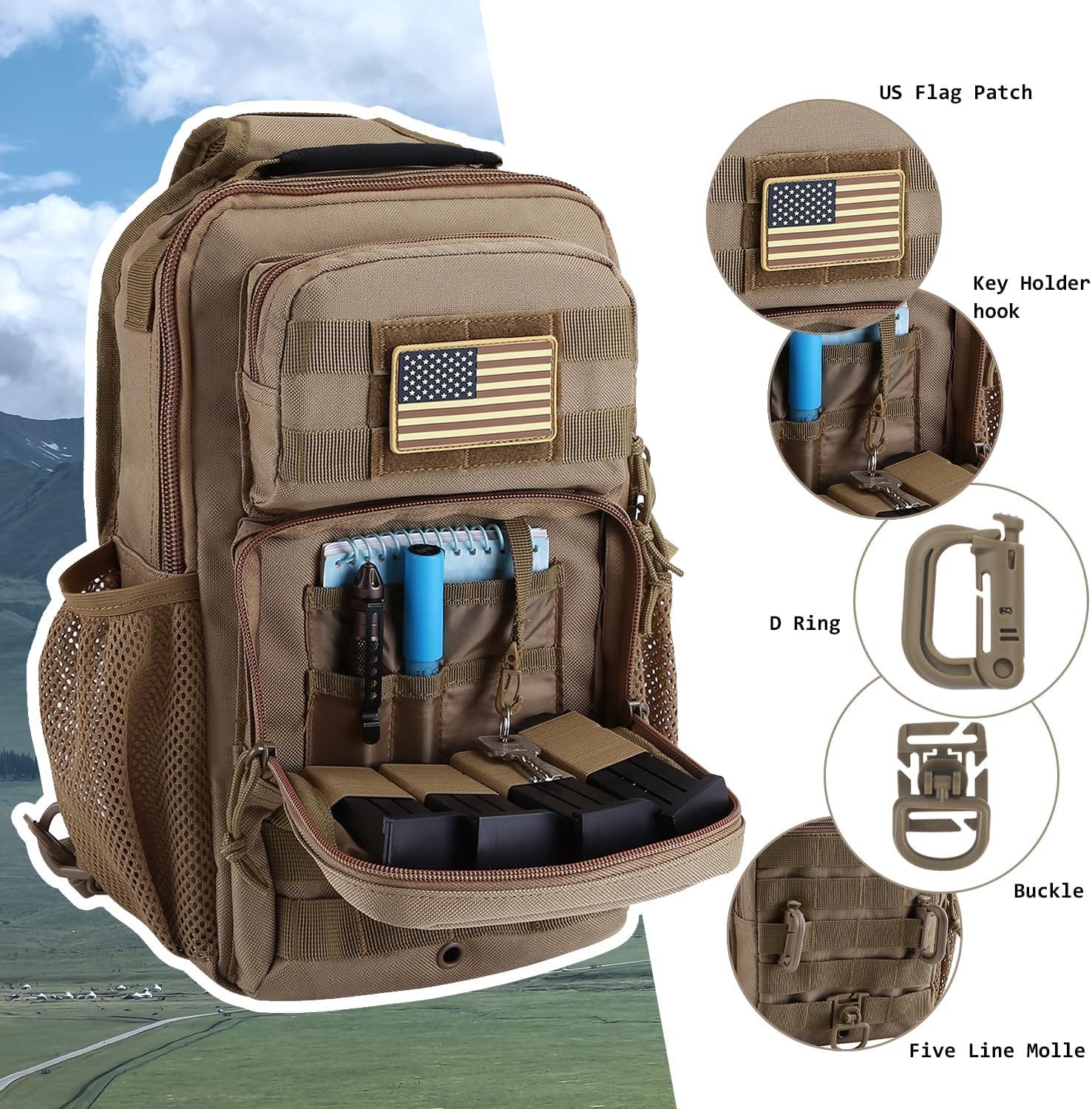 Hannibal Tactical Rover Sling Pack Coyote Crossbody Chest Bag Bottle Holder