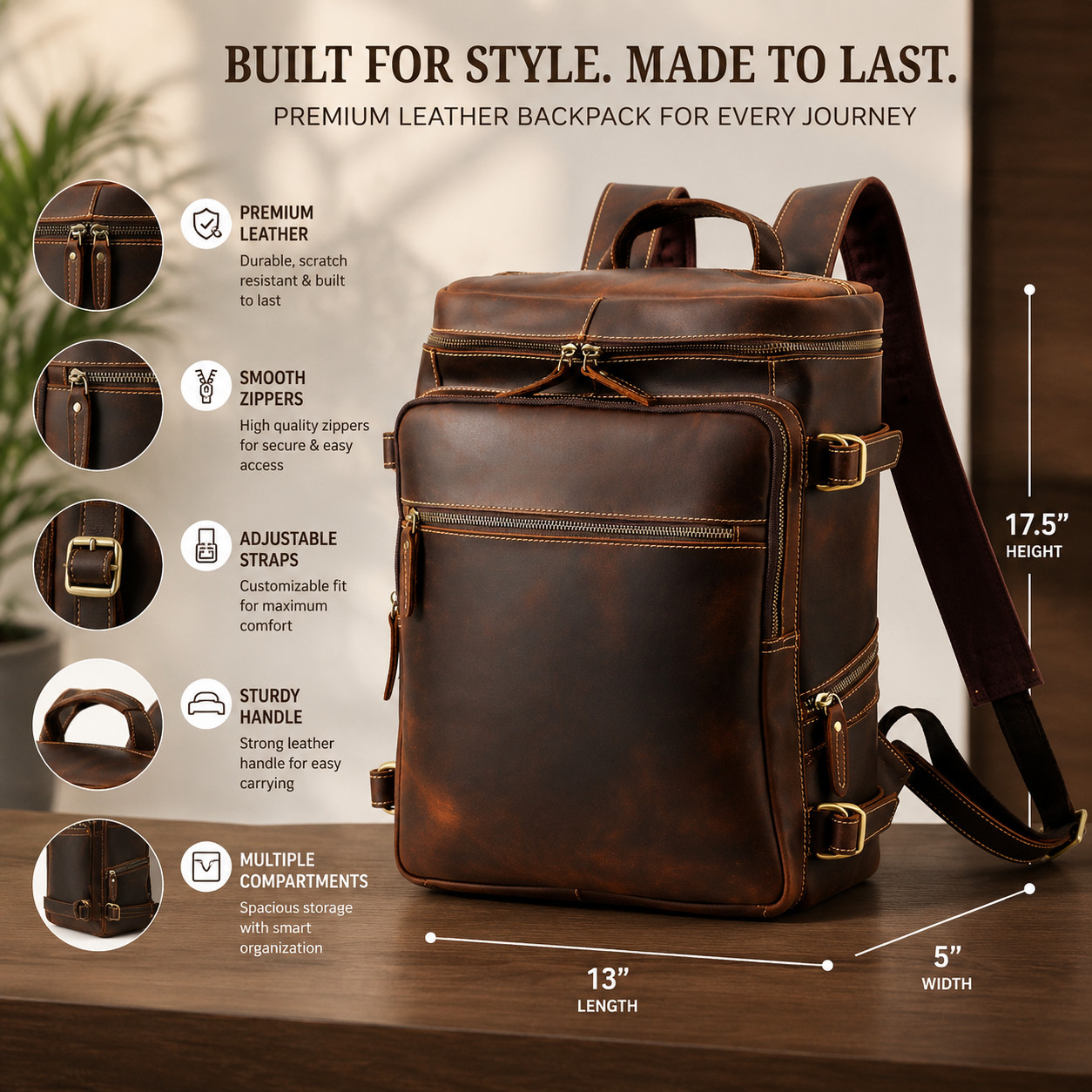 Brown Leather Laptop Backpack 17.5″ Travel Business Rucksack for Men