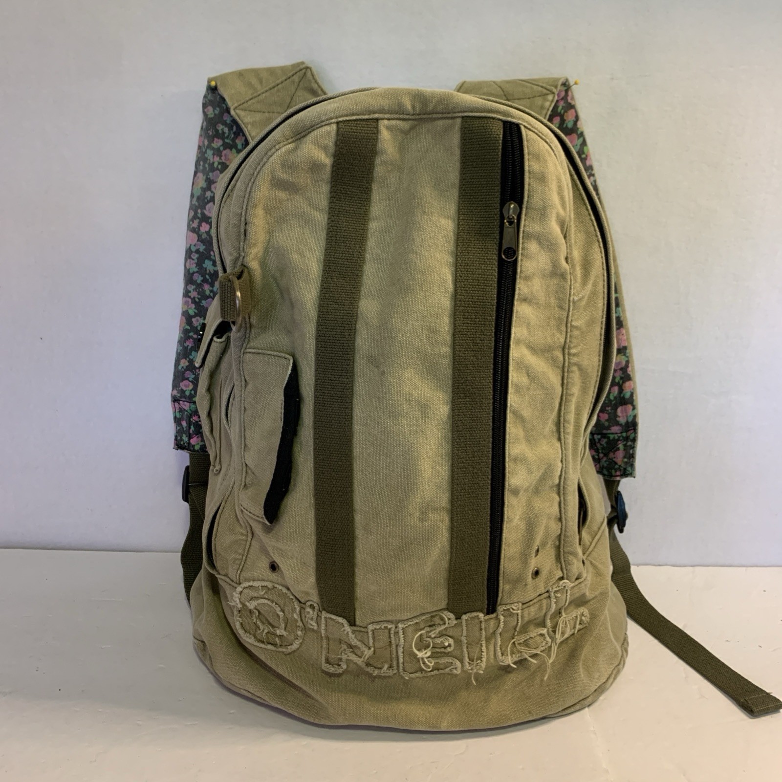 O’Neill Backpack Bag Army Style Green Brown Floral LigningAnd Straps STAINS