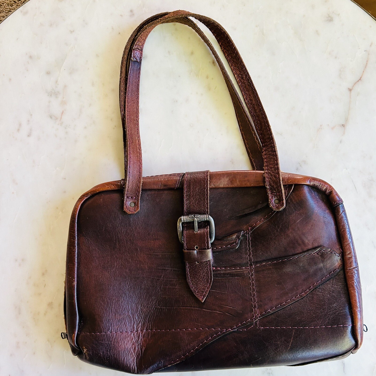 Vintage Burgundy Leather Zip Around Suitcase Travel Bag