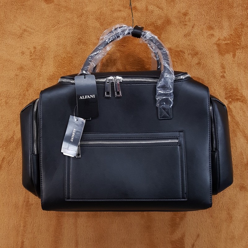 Alfani Mens Black Faux Leather Duffle Bag Travel Weekender Carry-On Gym Bag