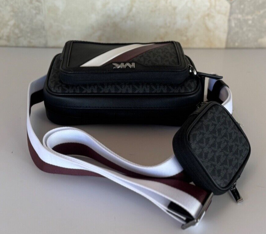 MICHAEL KORS RIVINGTON STRIPED CROSSBODY CAMERA BAG WITH POUCH OXBLOOD