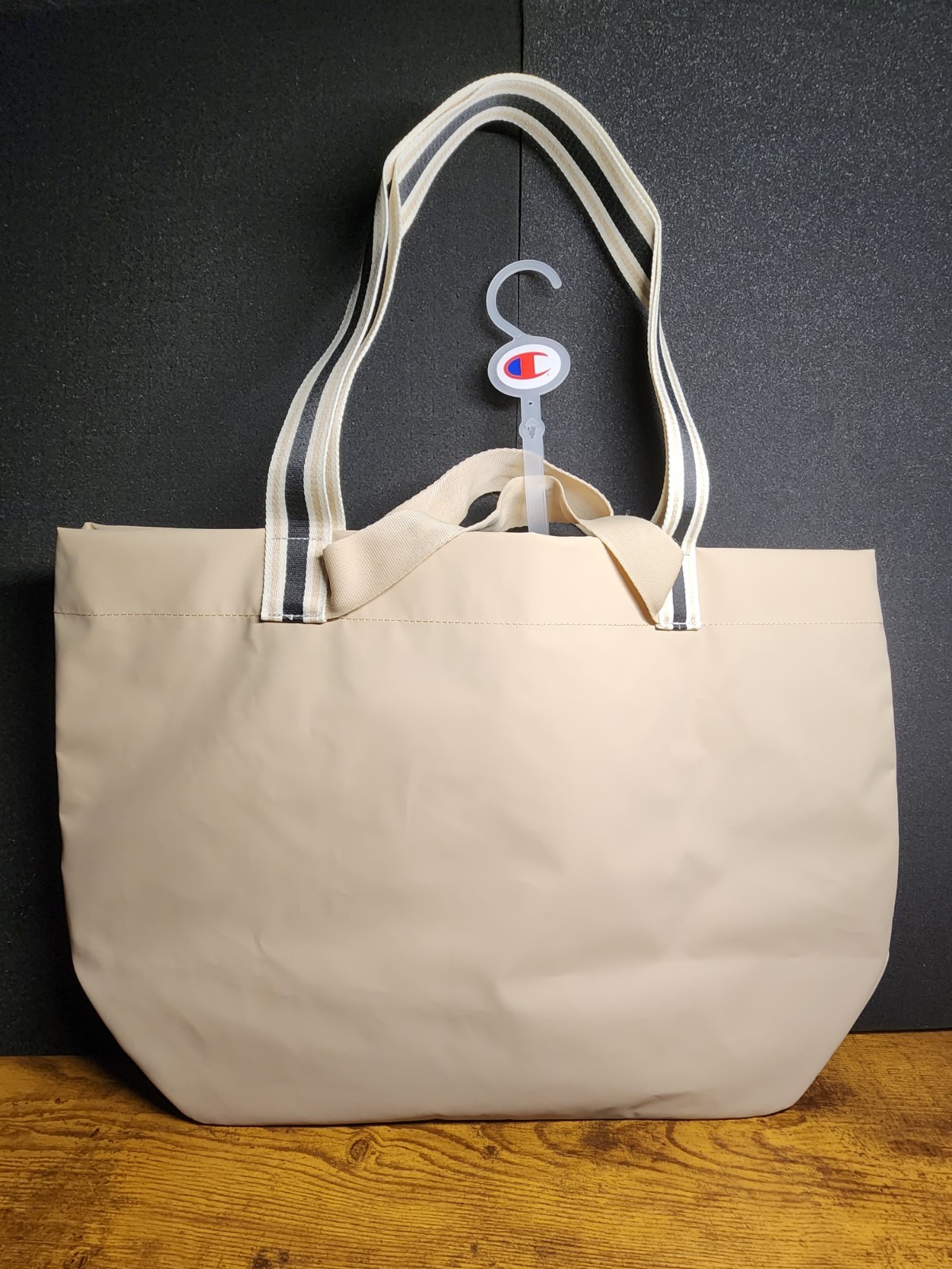 Champion Large Beige Tote Bag Striped Handles Zip Top NWT Travel Gym