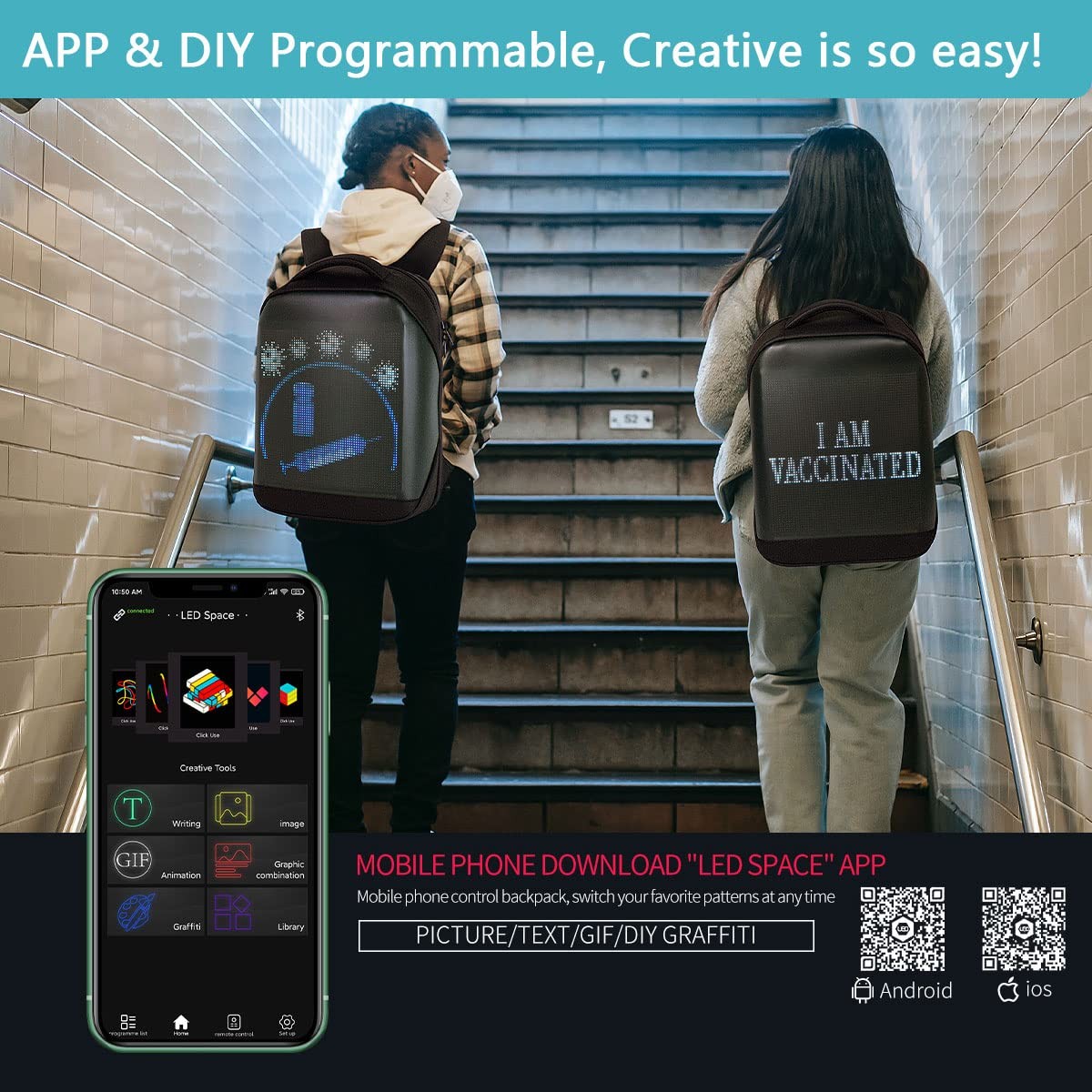 Smart Bluetooth LED Backpack with Colorful LED Sign Panel and Programmable, D…