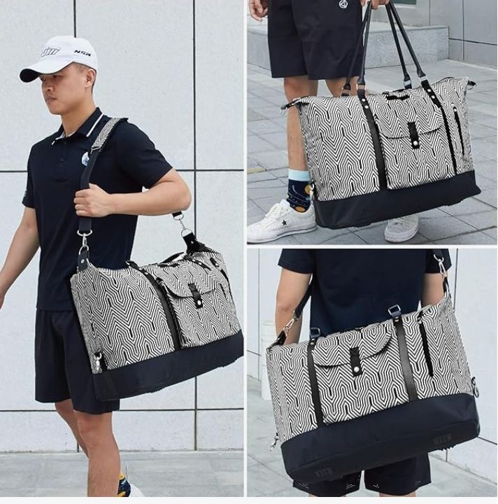 MAYMOONER 56L Black Stripe Unisex Travel Tote Duffle Bag