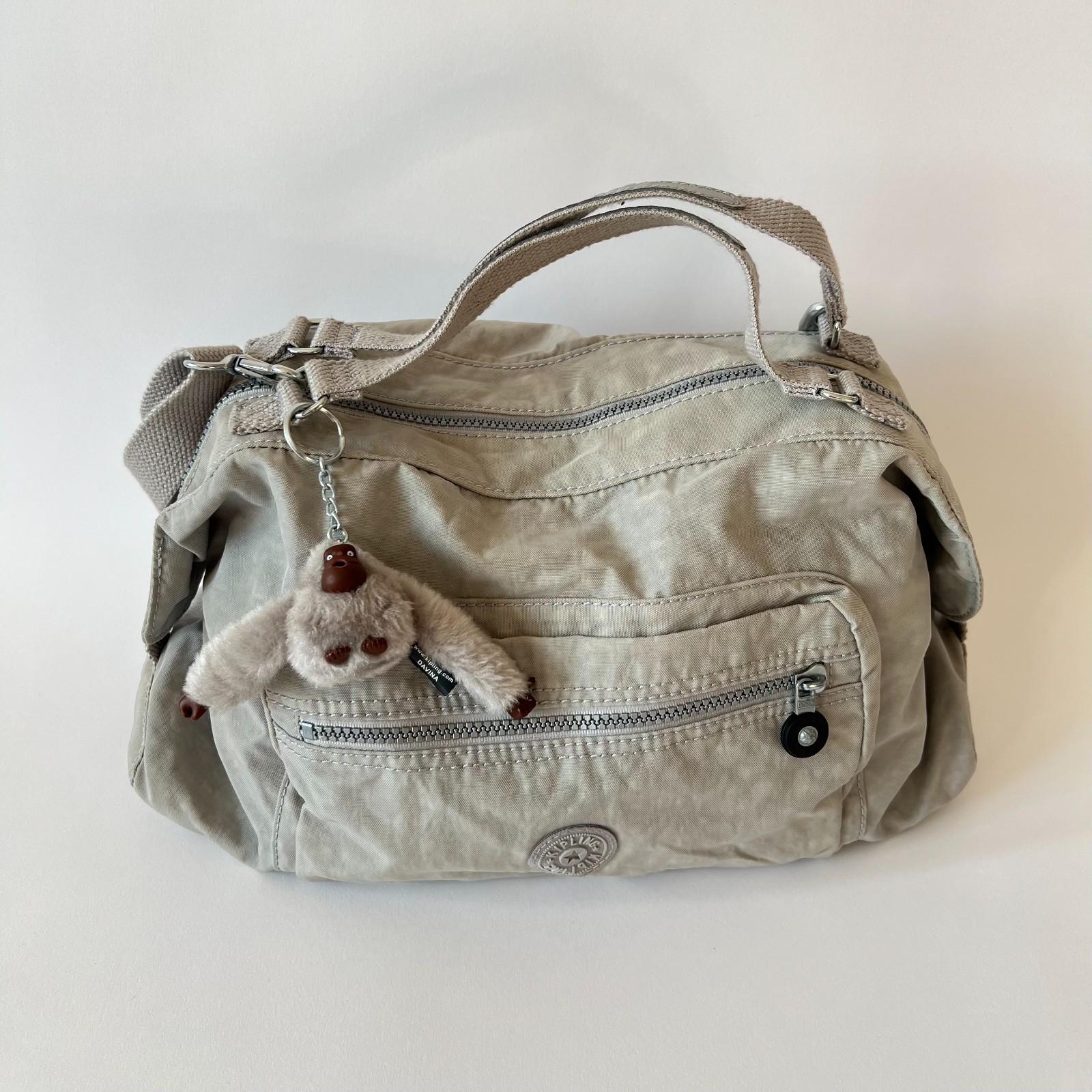 Kipling Gray Top Handle Shoulder Bag with Monkey Keychain – Casual Nylon