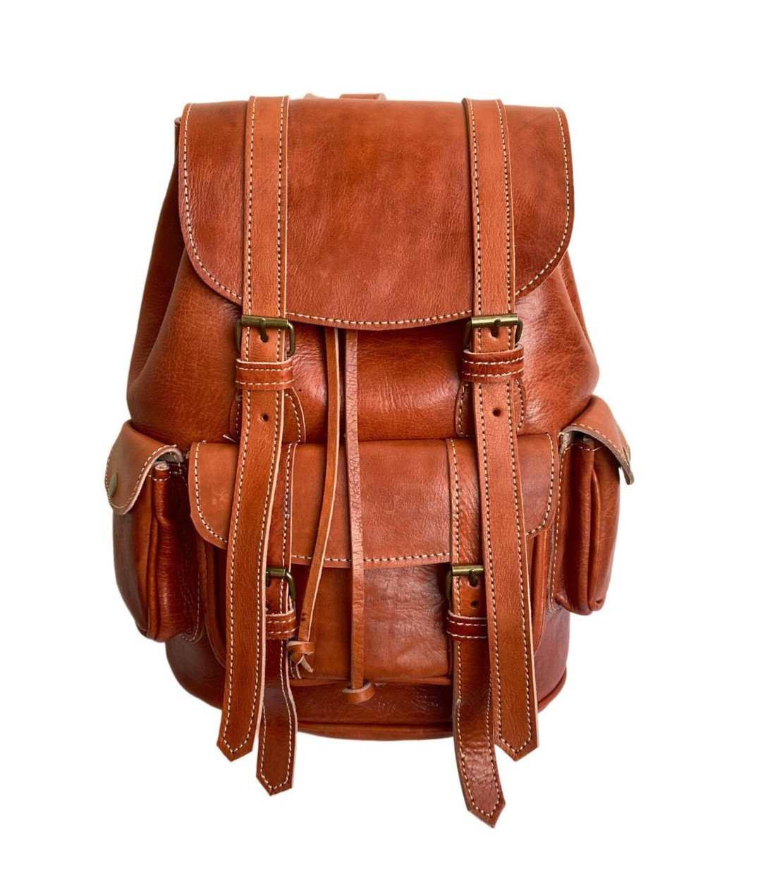Cognac Leather Backpack Handmade Morocco 2 Pockets Genuine Leather Bag