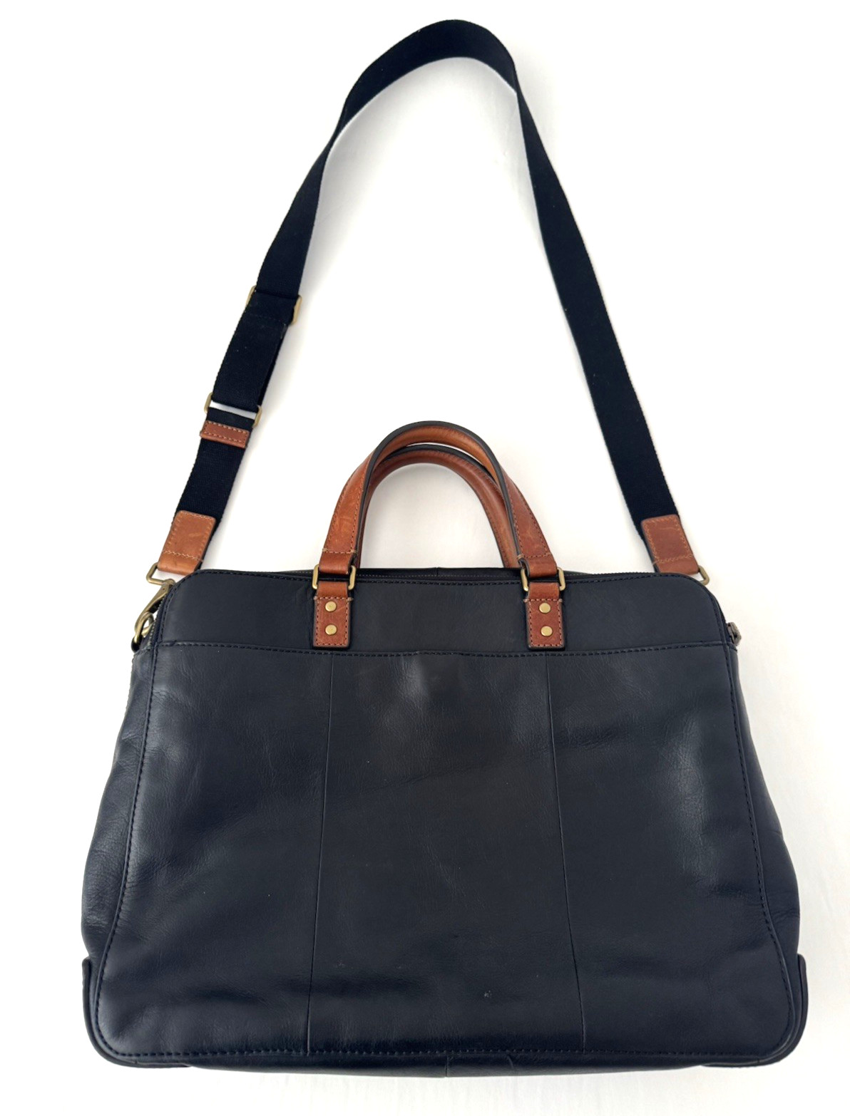 Fossil Defender Briefcase Black Leather Top Handles Crossbody Strap Double Zip