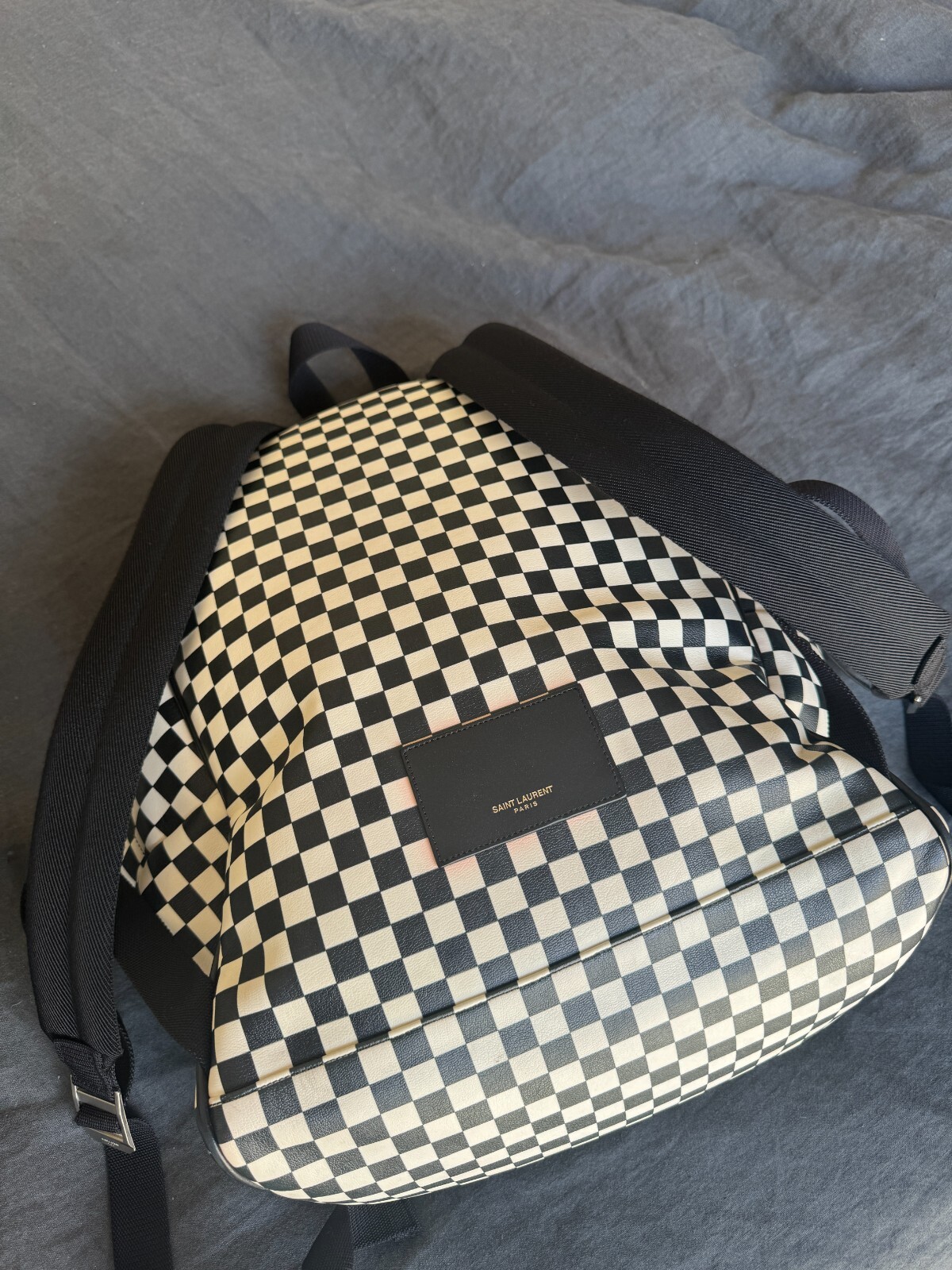 Saint Laurent Black & White Checkered Backpack (discoloration and fraying)