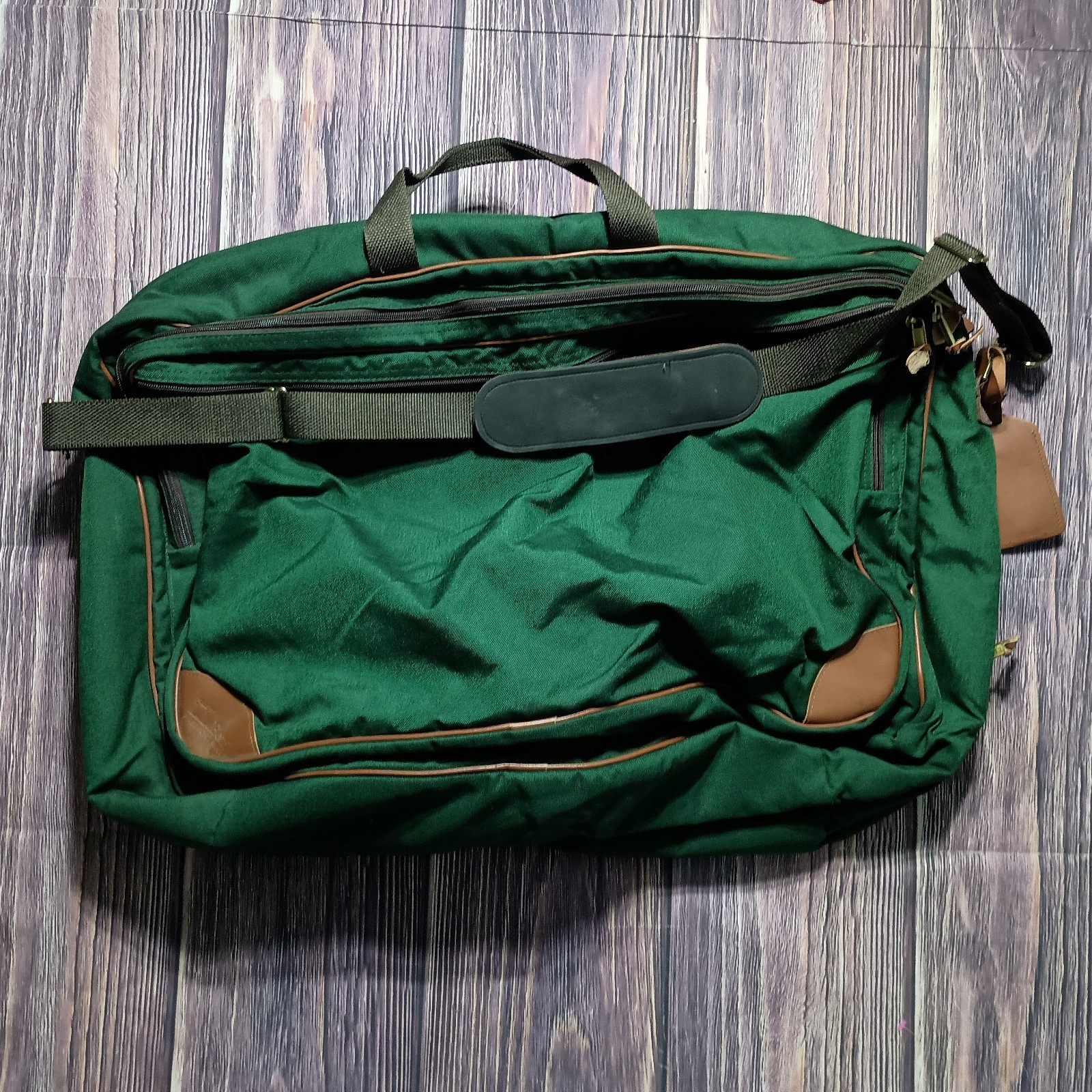 Vintage LL Bean Green Brown Canvas Weekender Bag Full Zip Luggage Leather Trim