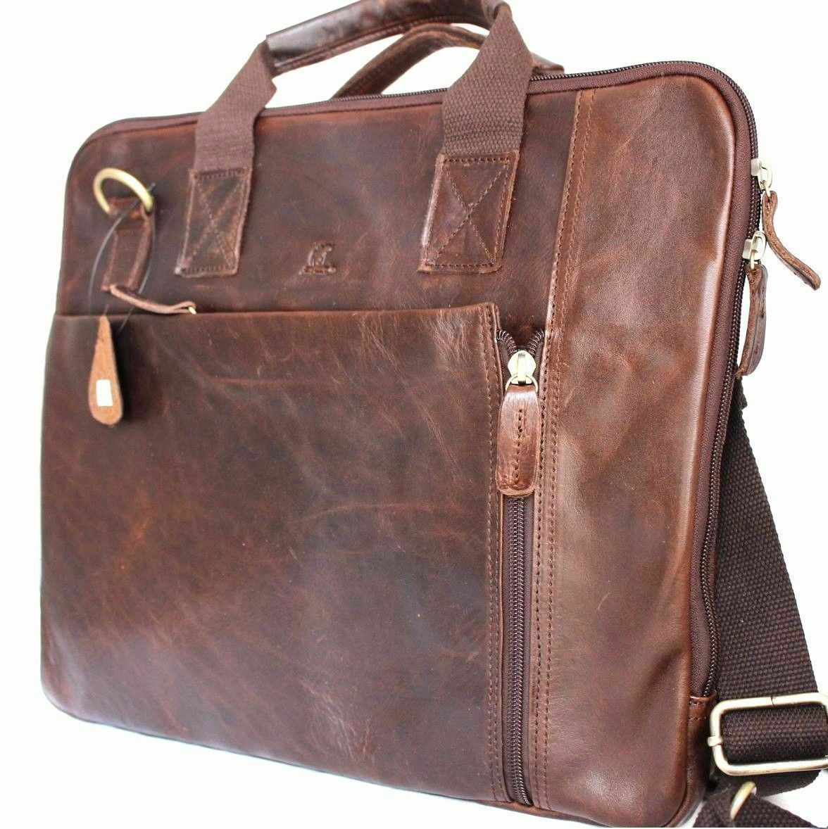 Genuine Men’s Natural Leather Messenger Bag Laptop Pocket Slip Pockets Zipper