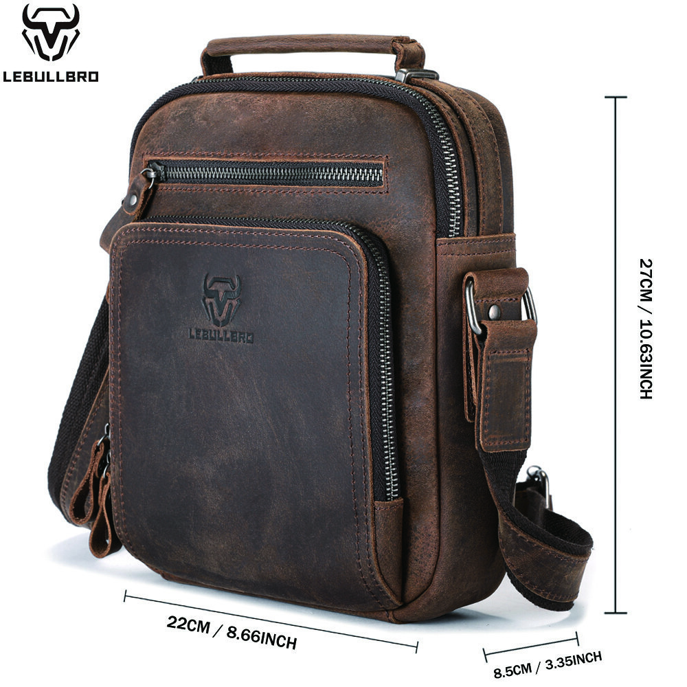 LEBULLBRO Men’s Leather Sling Shoulder Bag Crazy Horse Cowhide Crossbody Bag M