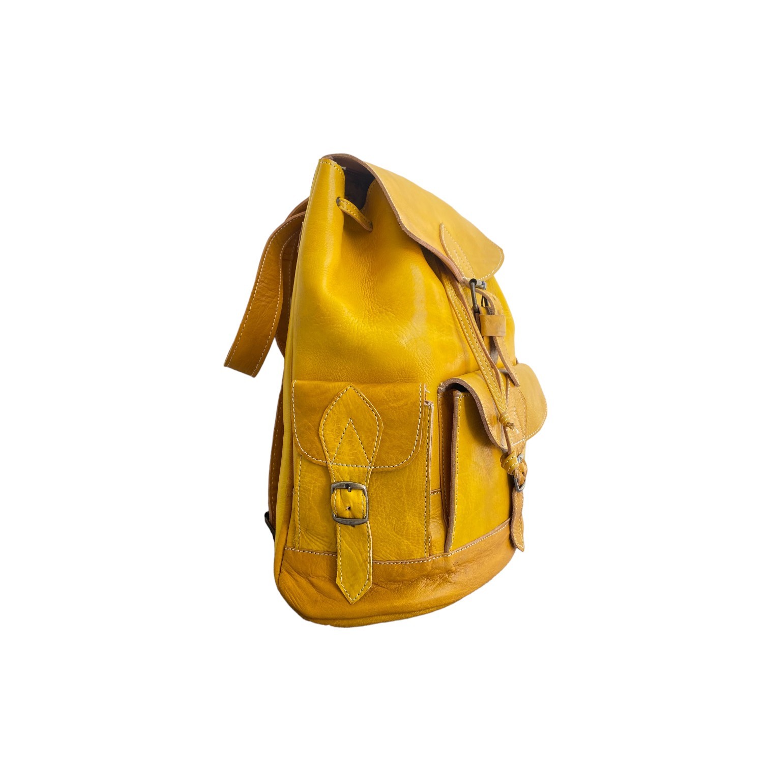 Yellow Leather Backpack Handmade Morocco Belt Buckle Front Back Pocket