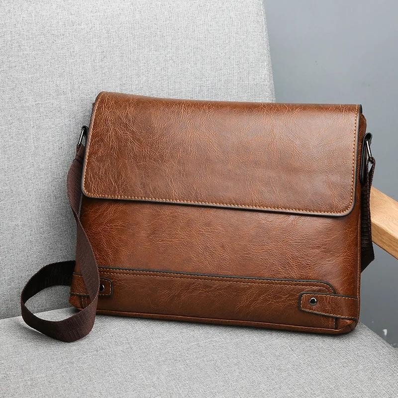 Men’s Solid Color Retro Pu Leather Shoulder Bag, Casual Business Messenger Bag
