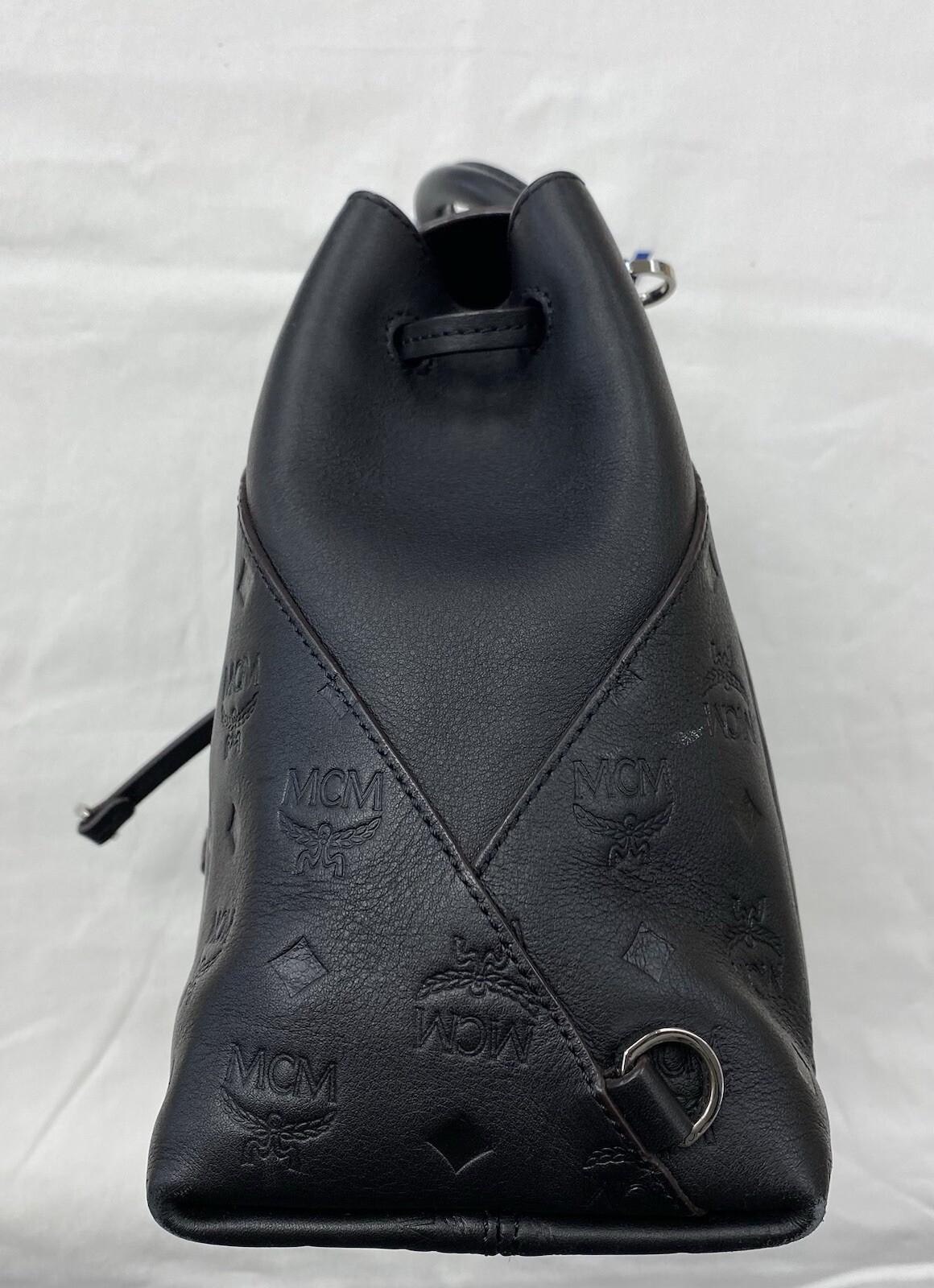 MCM Essential Monogram Leather Small Backpack In Charcoal 10×8.5×4.5 Dark Brown