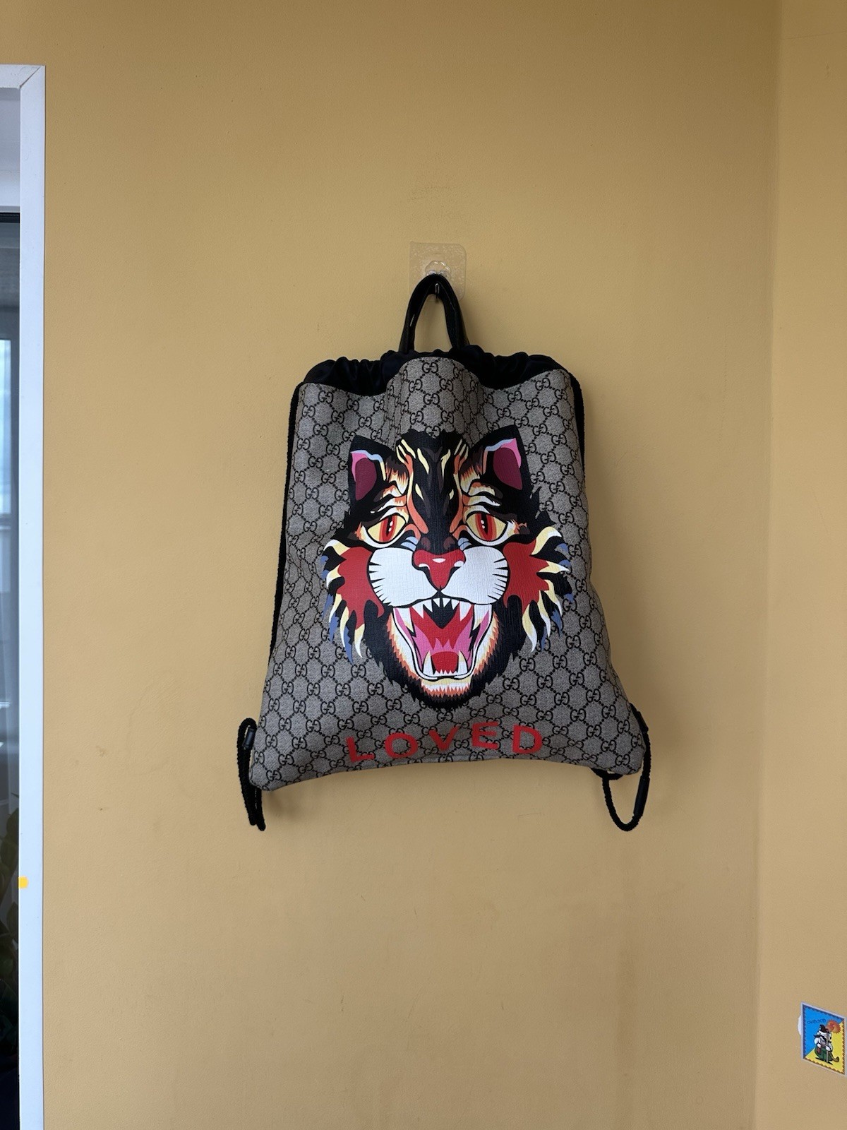 Gucci GG Supreme Angry Cat Backpack Beige Black PVC Nylon Leather Used