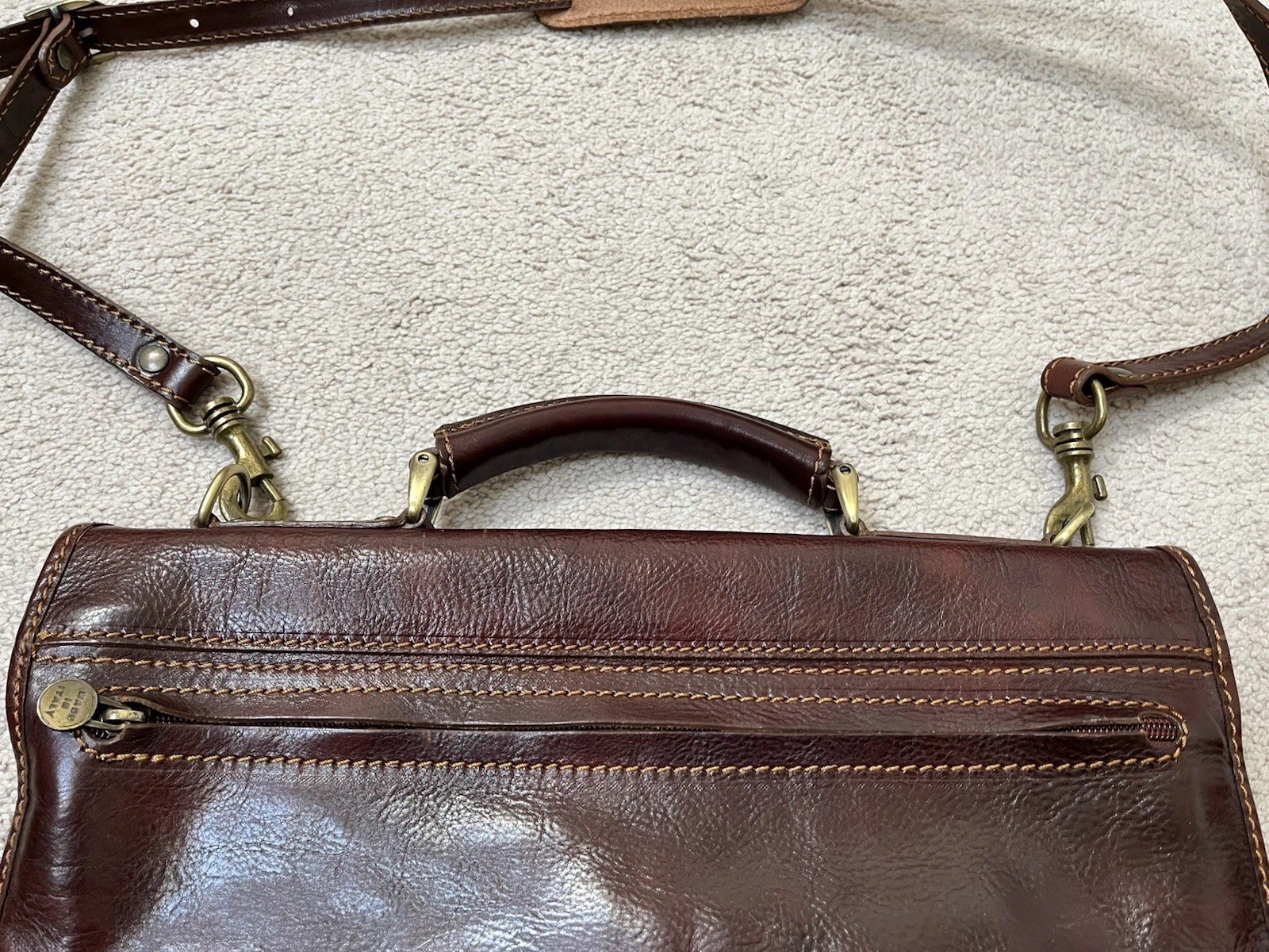 Italian Leather Messenger Computer Commuter Briefcase Bag Brown Strap Snap