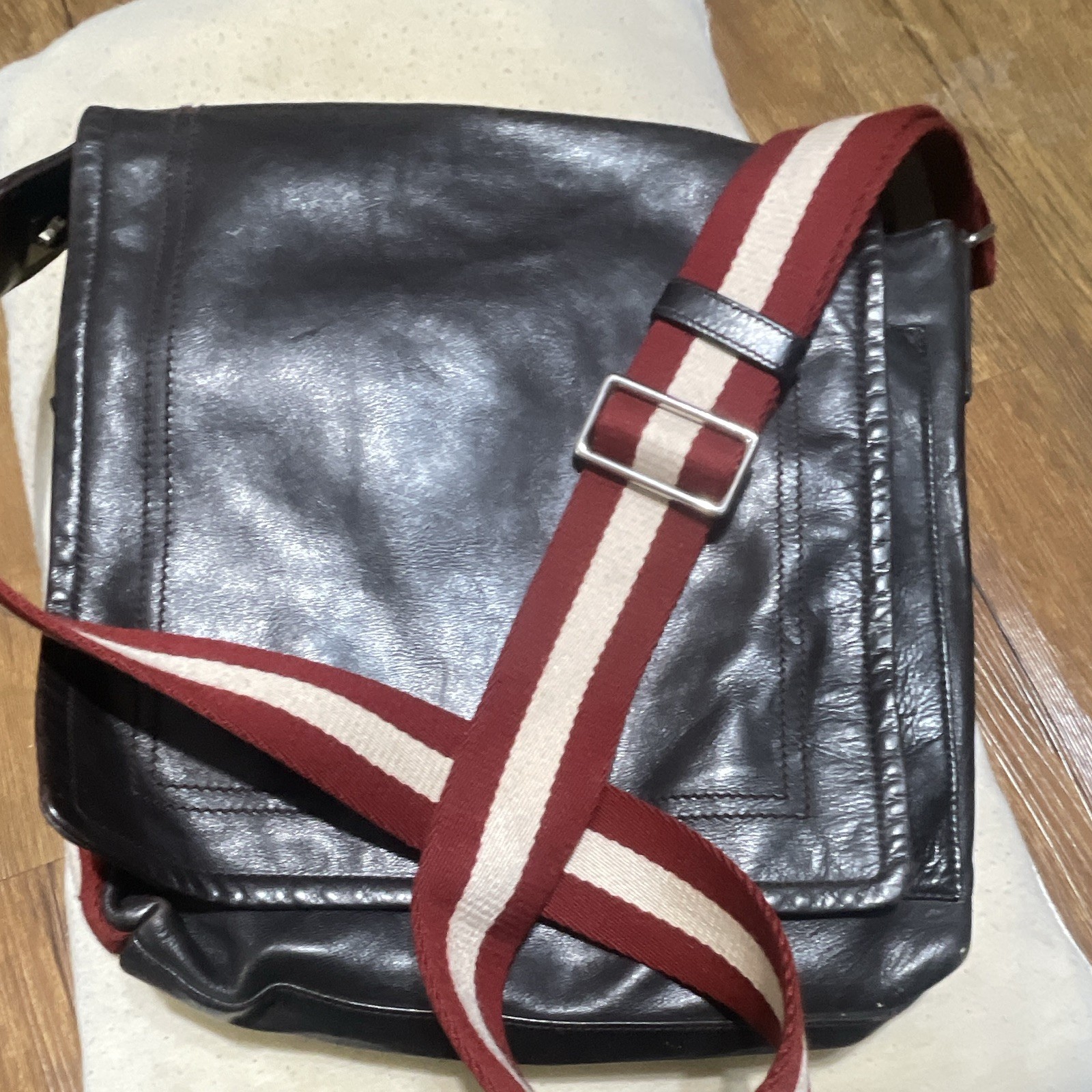 Bally Black Messenger Bag Red White Striped Crossbody Strap Adjustable