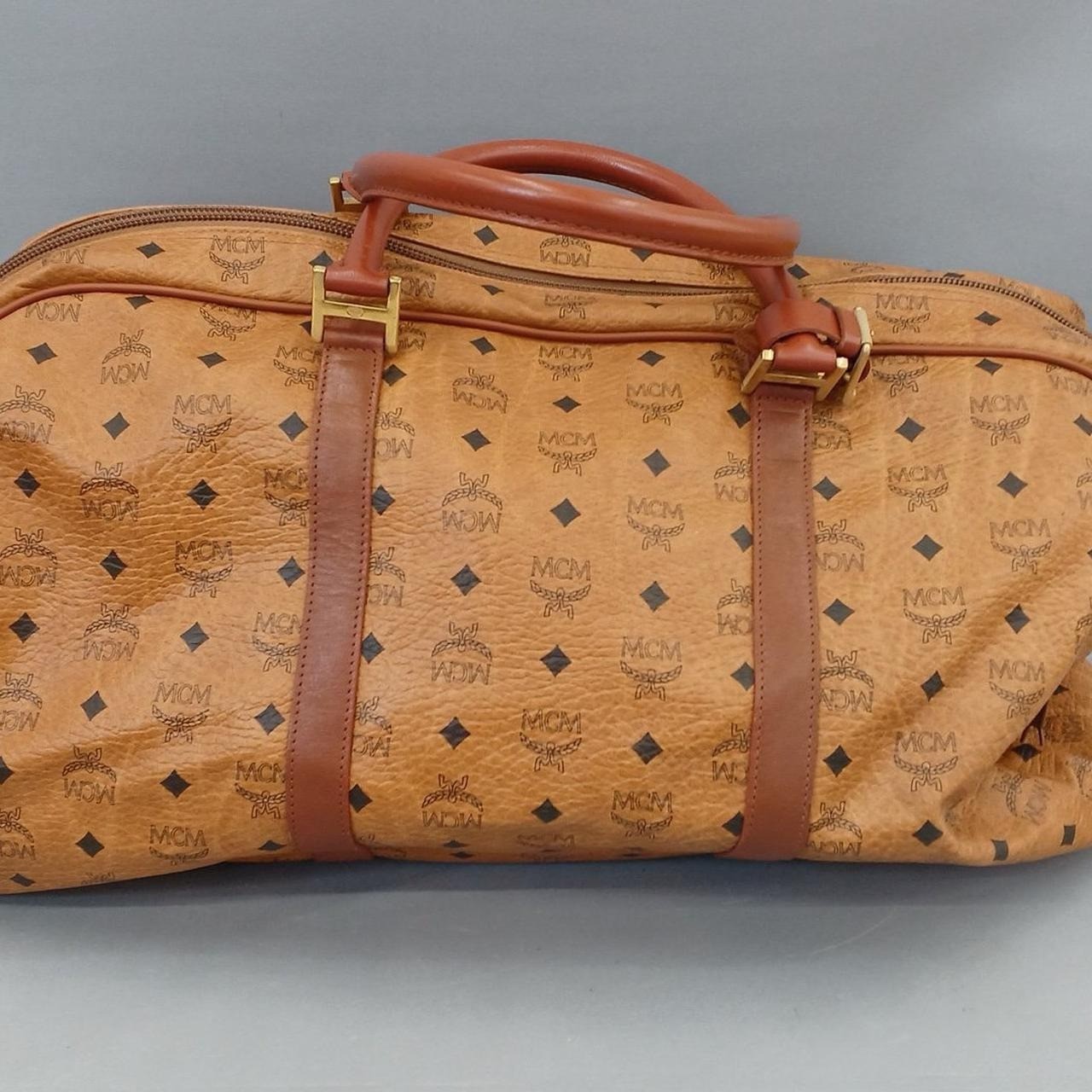 MCM Authentic Visetos Logo Handbag Camel Boston Bag Vintage w/ Shoulder Strap