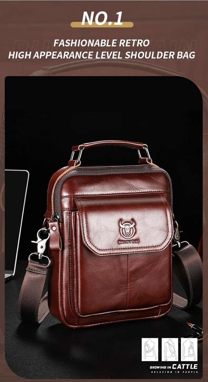 BULLCAPTAIN Men’s Leather Shoulder Bag 7.9″ Handbag Retro Casual Crossbody Bag