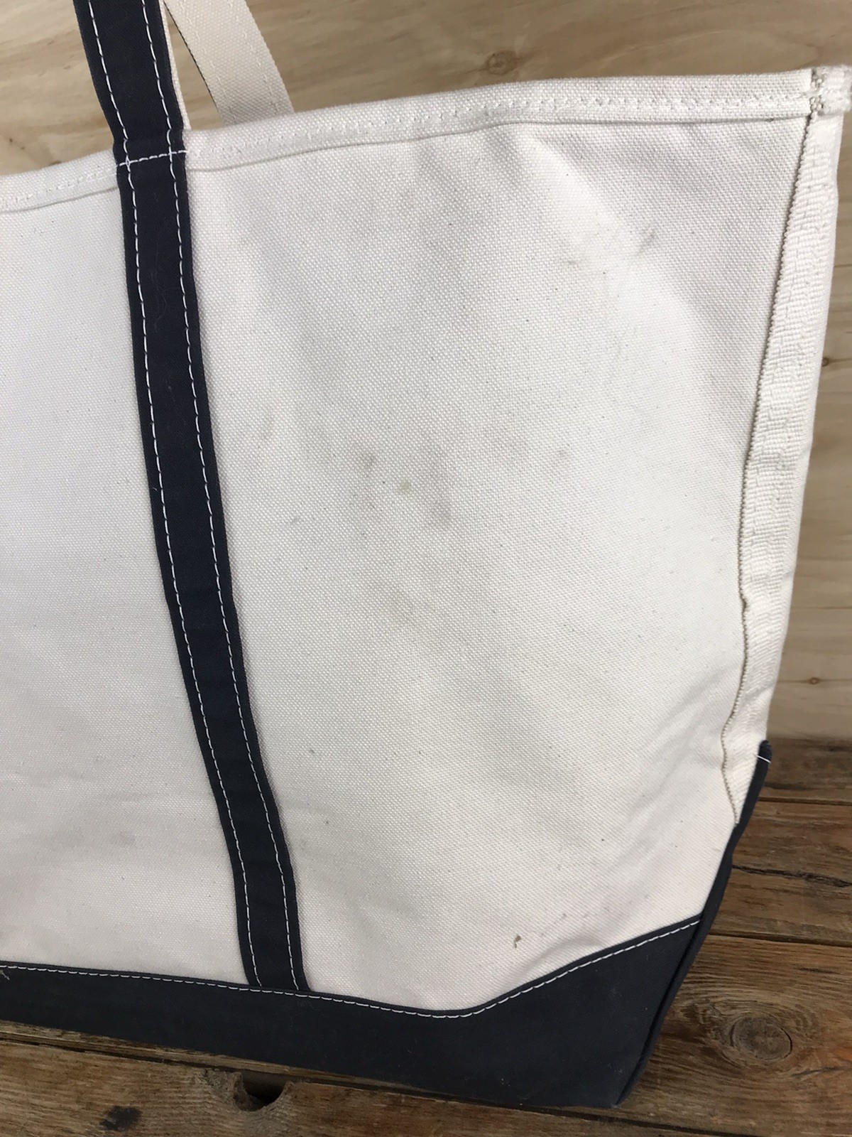Vintage LL Bean Boat & Tote Canvas Bag White Navy Blue Handles Zip X Large USA