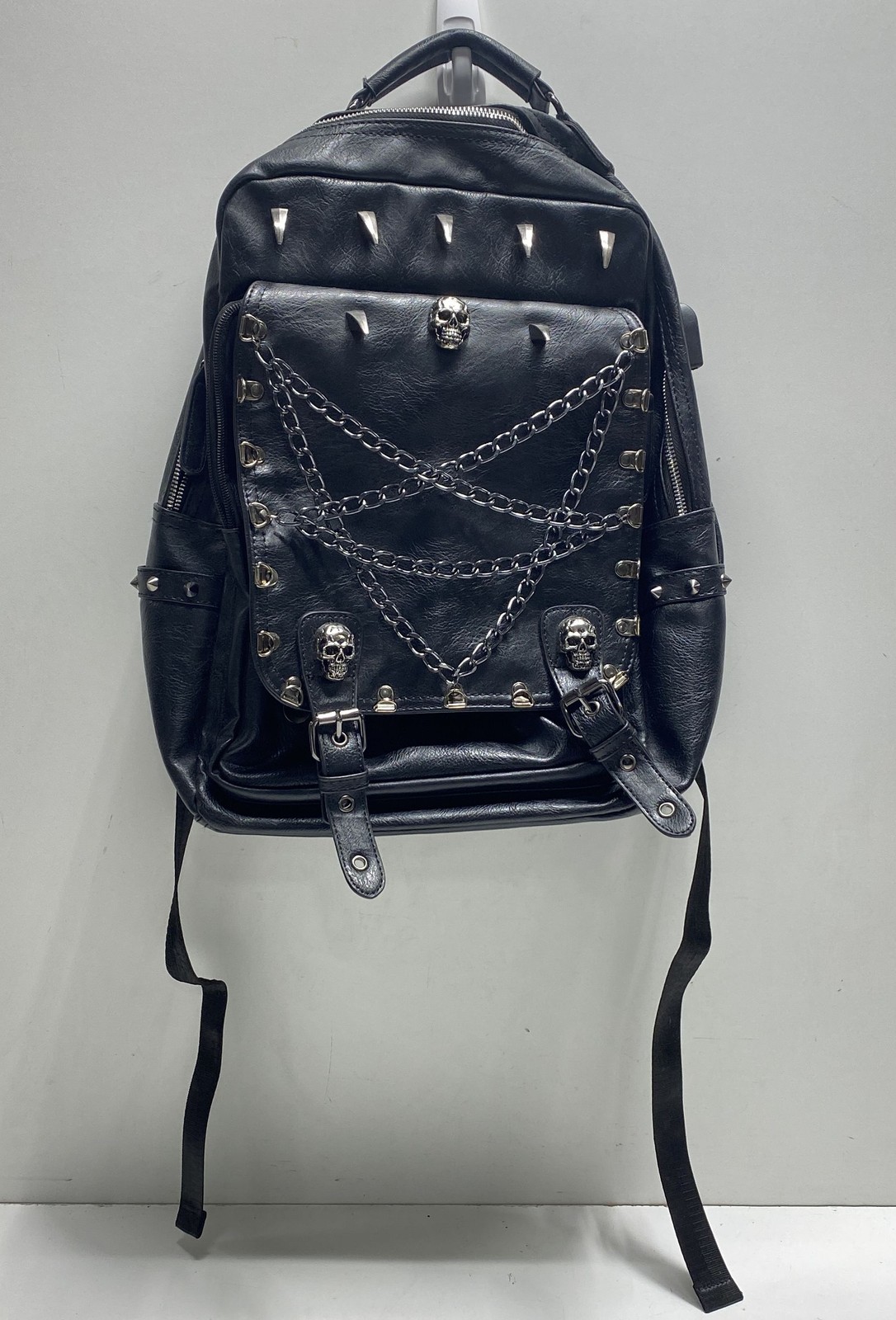 Black Faux Leather Gothic Punk Skull Studded Spiked Chain Backpack USB Port
