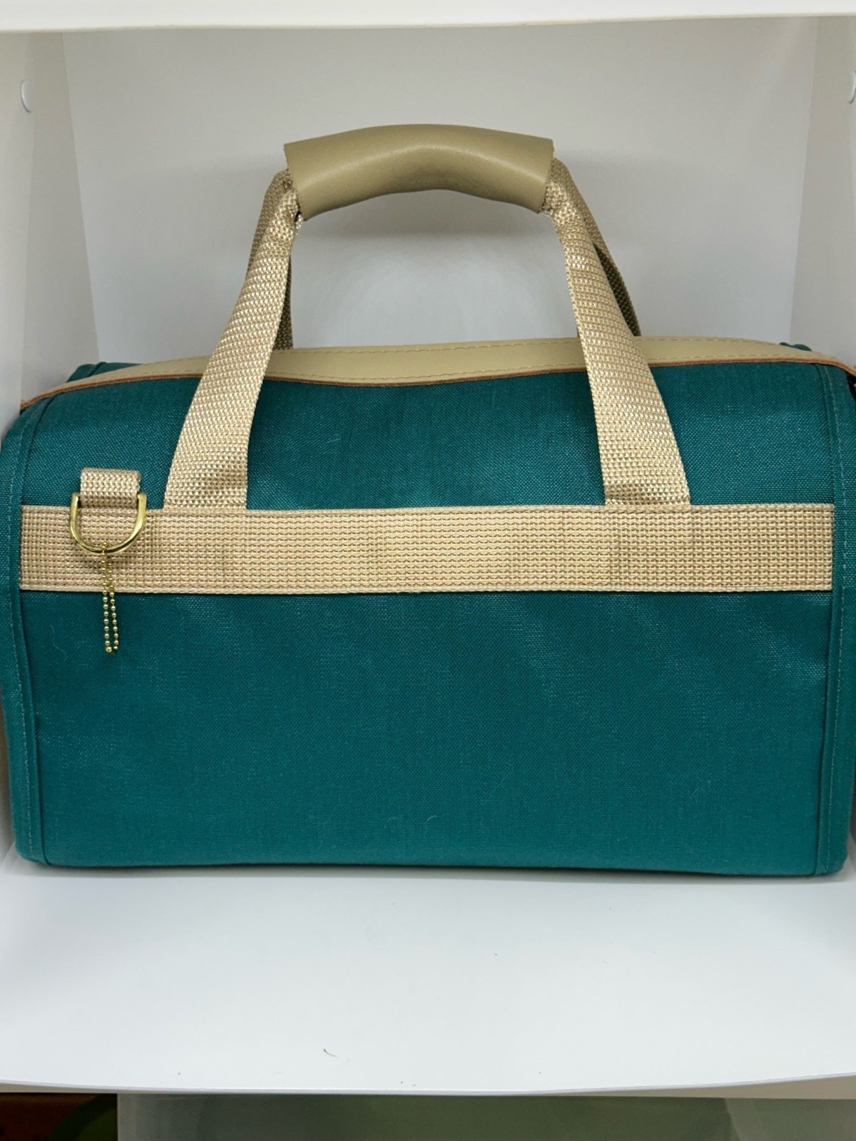VTG BOYT Canvas Leather Duffle Bag Teal Tan Weekender Travel Tote USA Made Retro