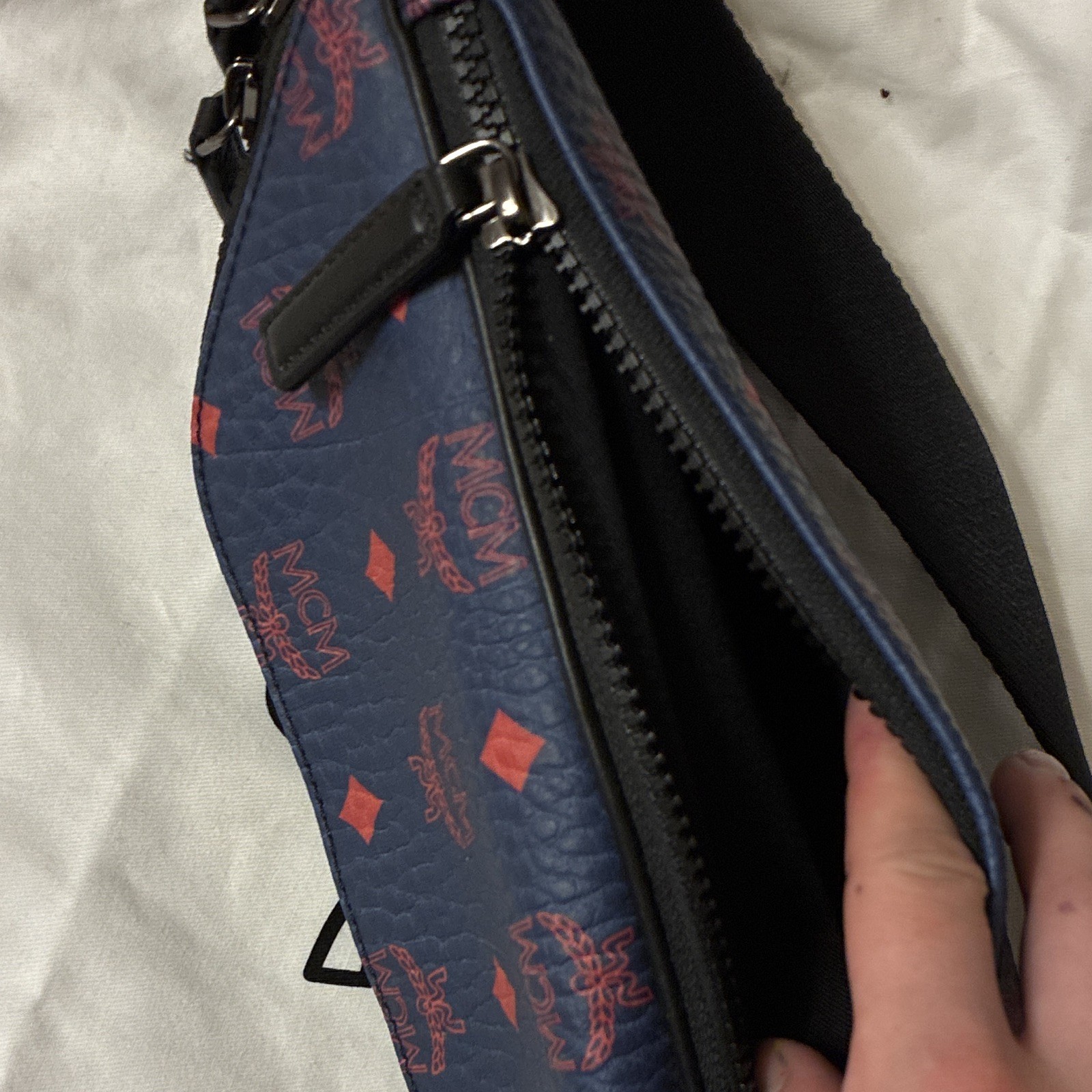 MCM Blue Logo Print Zip Belt Bag Fanny Pack Crossbody Strap Designer