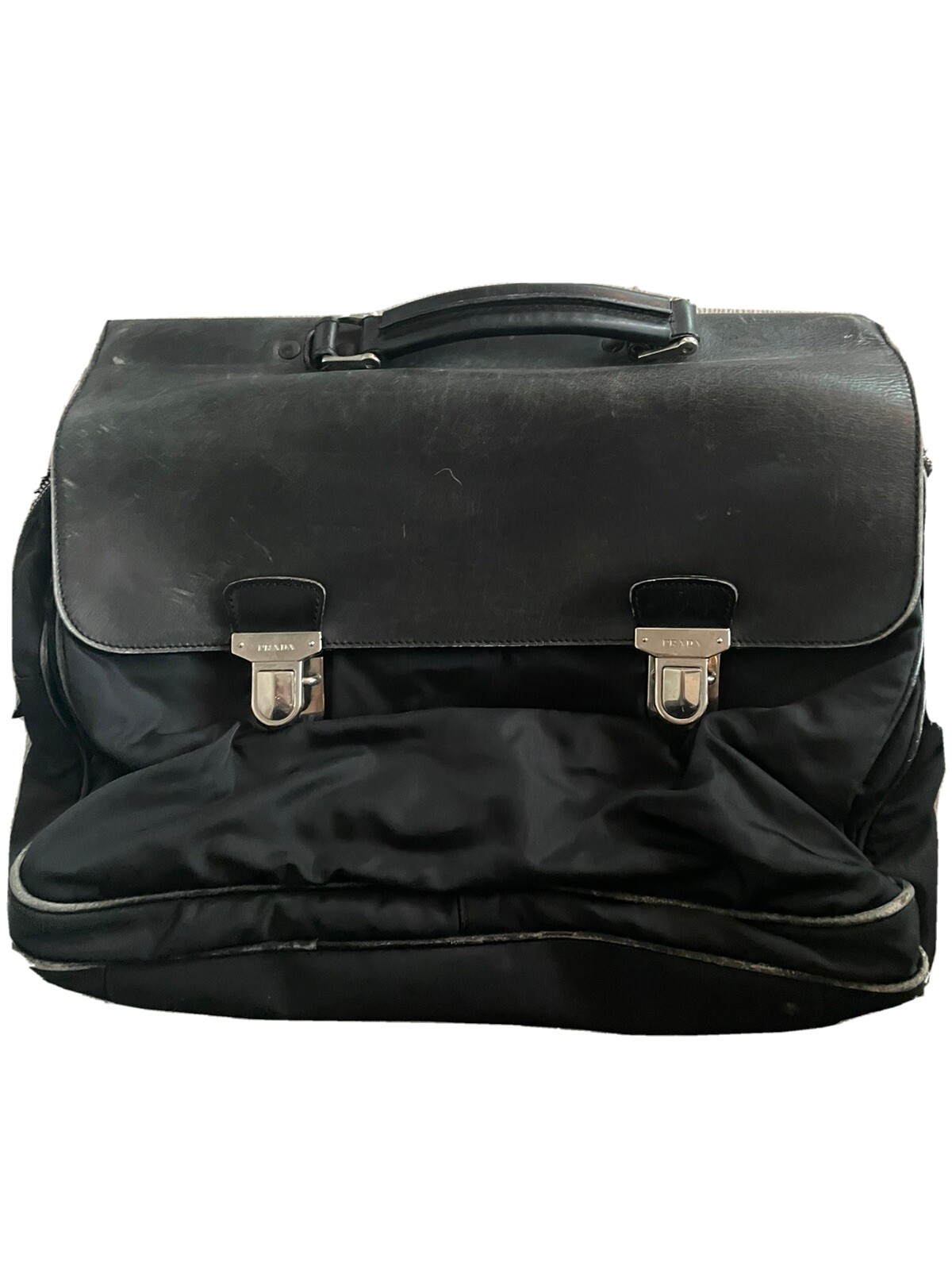 Prada Mens Single Handle Double Logo Clasp Large Briefcase Black Leather Nylon